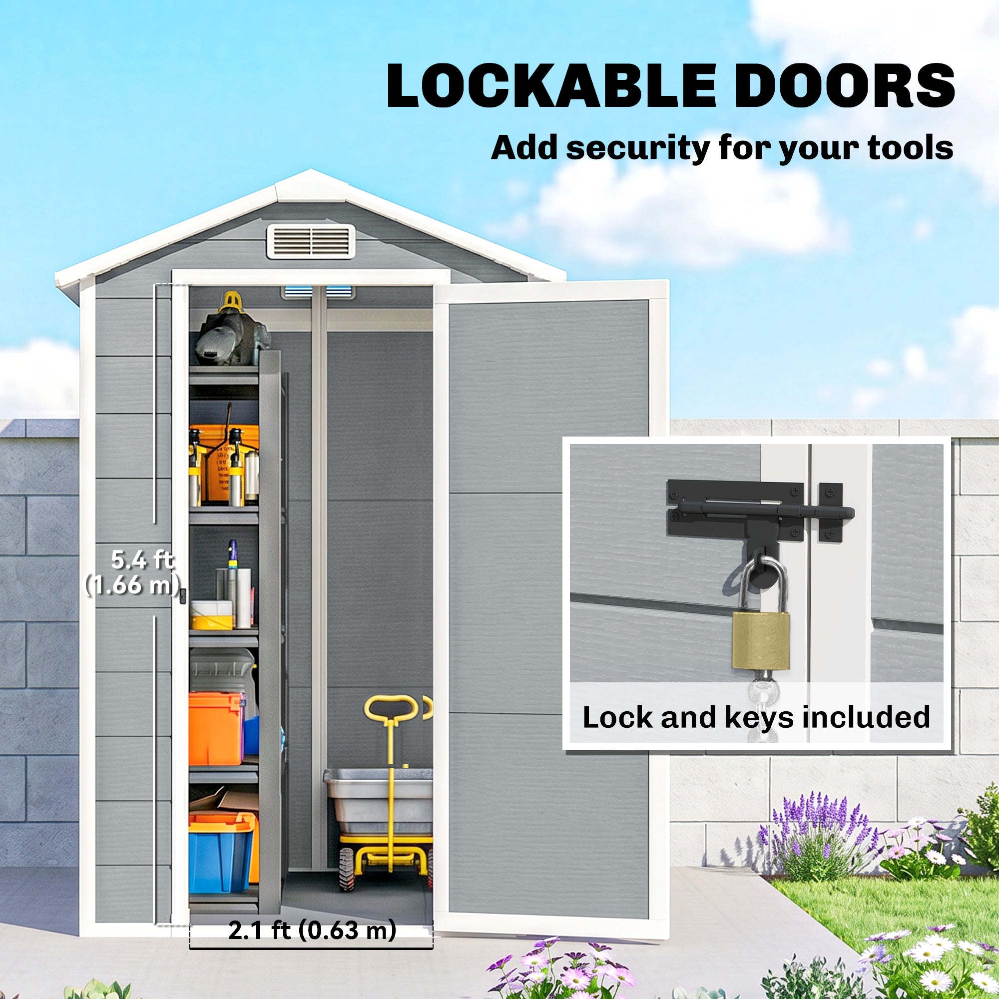 Outsunny 4 x 6ft Garden Shed, Plastic Shed with Floor, Window, Lockable Door and Vents, Resin Tool Shed for Outdoor Patio Storage, Zero Maintenance, Grey