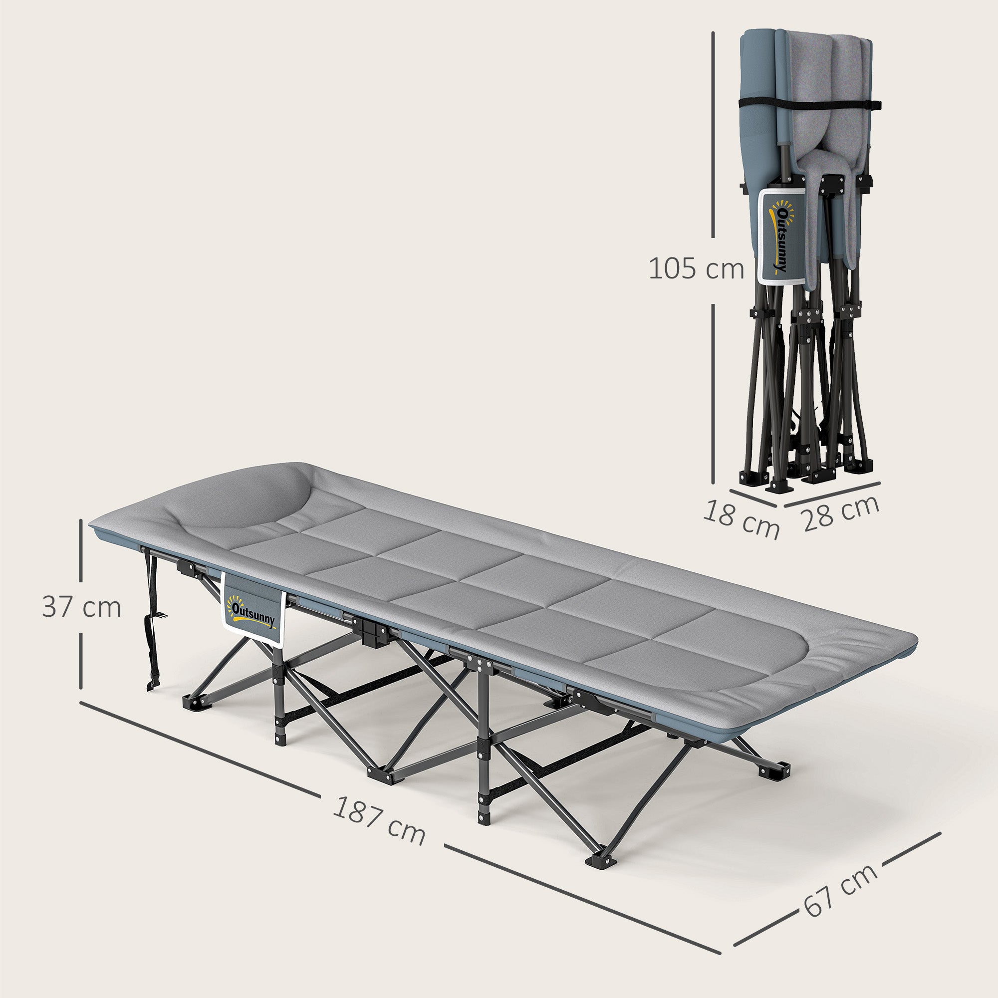 Outsunny Folding Camping Bed for Adults with Cushion, Heavy Duty Portable Travel Camping Cot with Headrest, Side Pocket and Non-Slip Foot Pads for Outdoor Beach Travel Office, Grey - North Peak Garden Furniture