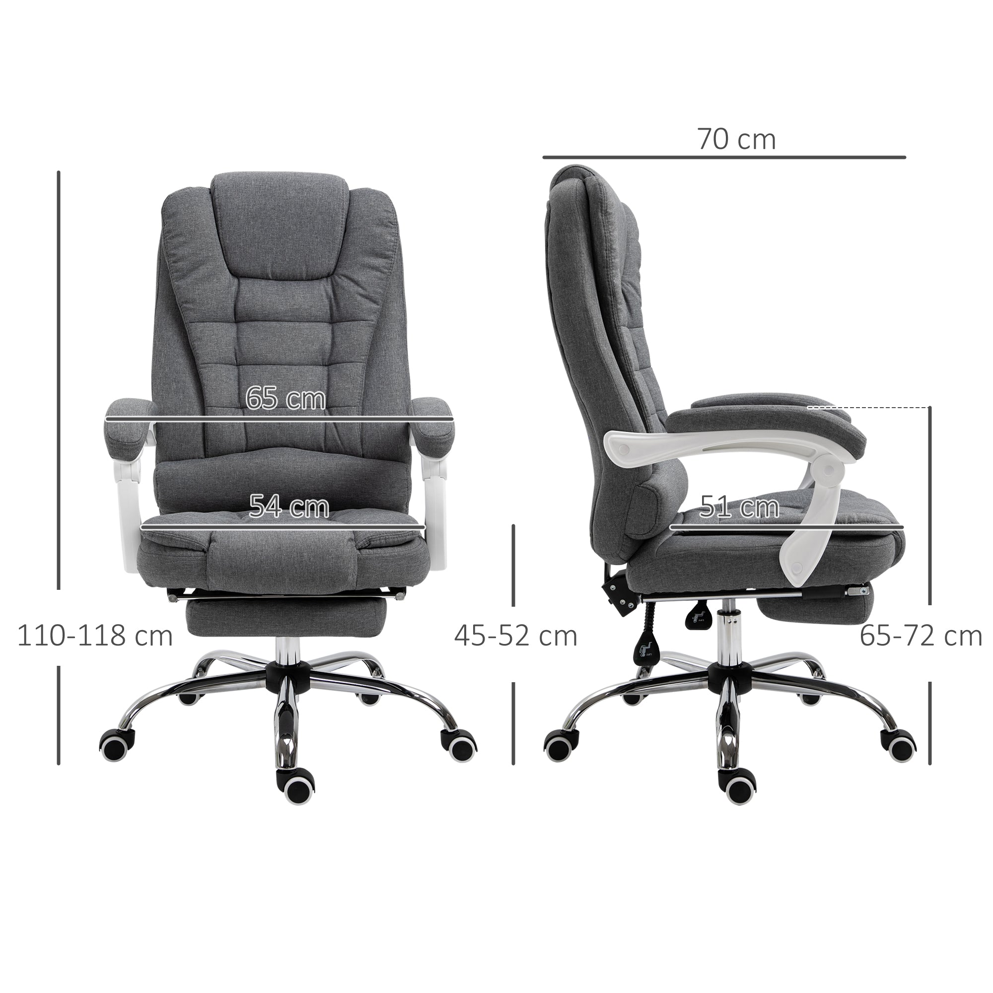 Vinsetto Office Chair, Computer Desk Chair, Linen Fabric Swivel Rolling Task Chair with Large Soft Padded Cushion, 135° Reclining Backrest and Retractable Footrest, Grey - North Peak Garden Furniture