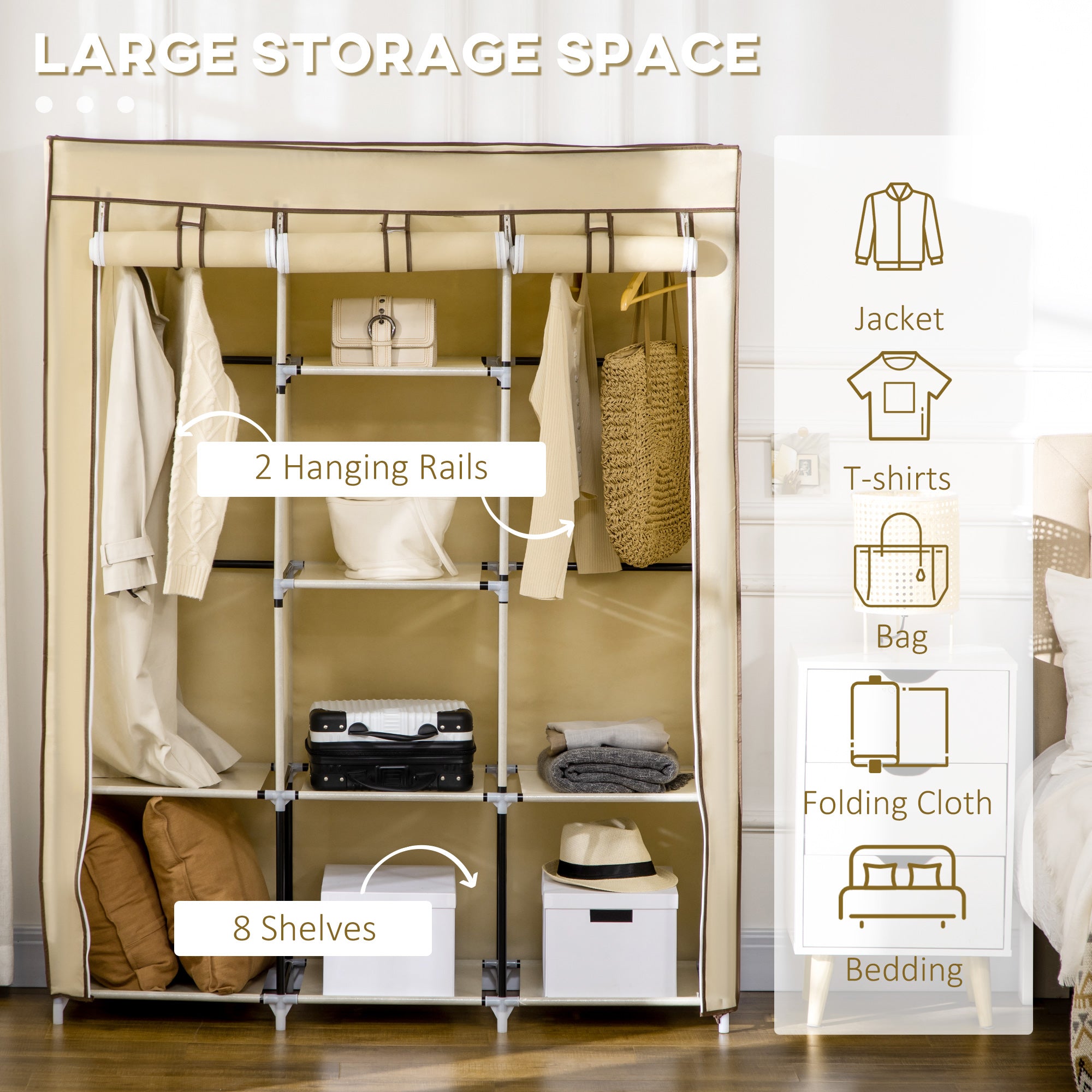 HOMCOM Fabric Wardrobe, Portable Wardrobe, Clothes Storage Unit with 8 Shelves, 2 Hanging Rods, 125 x 43 x 162.5 cm, Beige - North Peak Garden Furniture