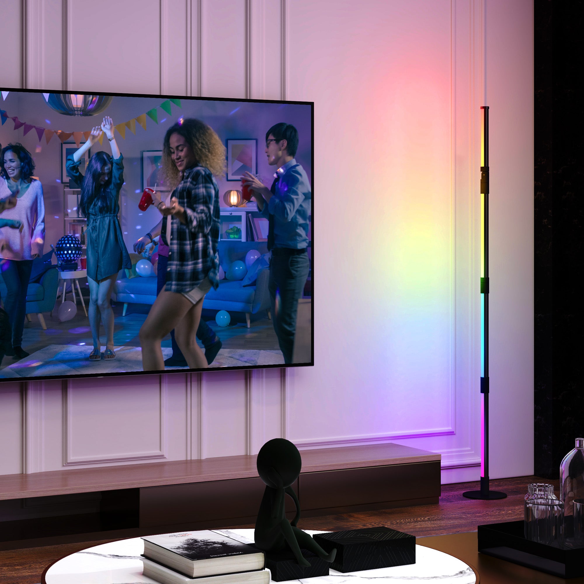HOMCOM LED Floor Lamp, 360° RGB Detachable Corner Floor Lamp with App & Remote Control, Colour Changing Standing Lamp with Music Sync & Timing, for Living Room, Game Room, Dark Grey - North Peak Garden Furniture