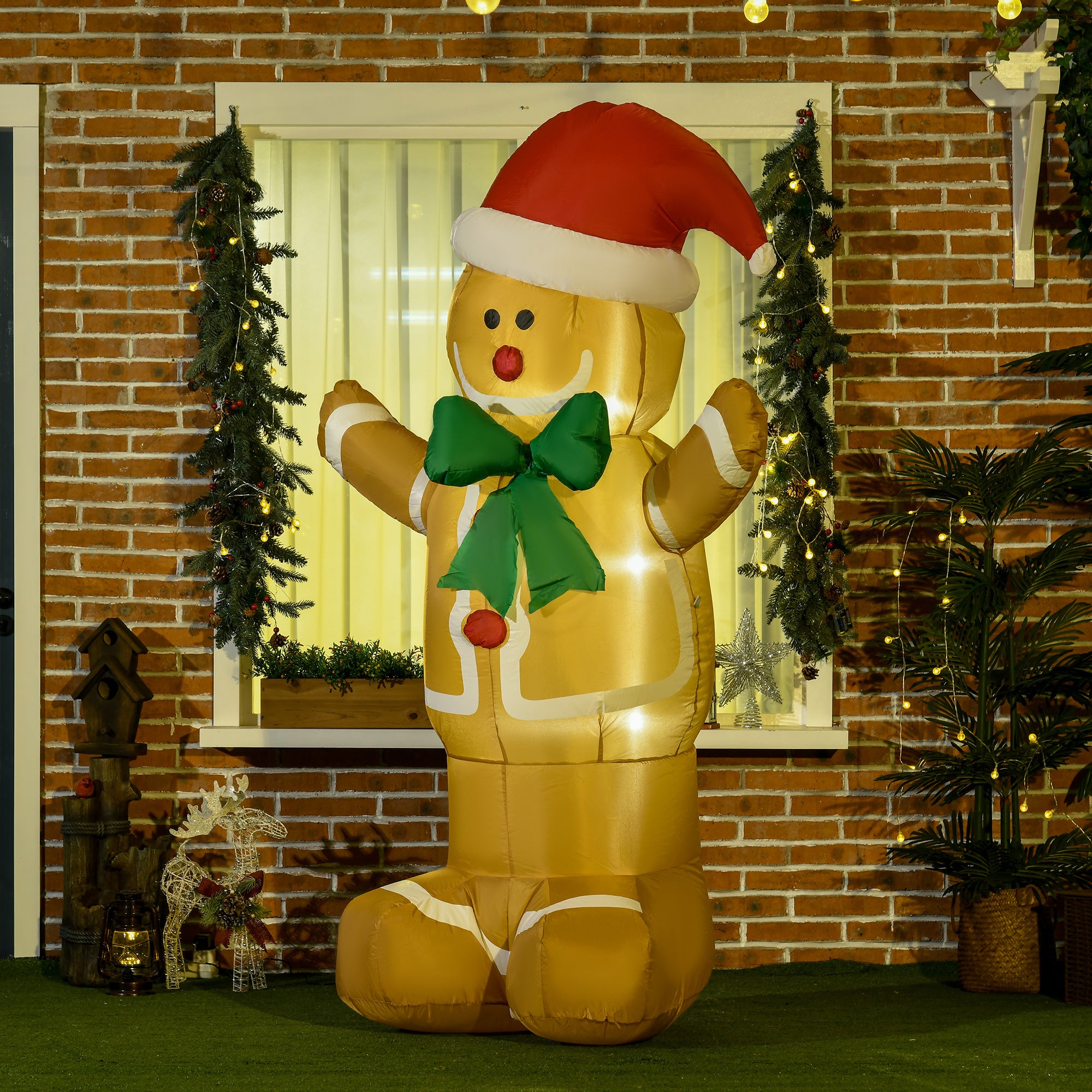 HOMCOM 6ft Christmas Inflatable Gingerbread Man & Santa Hat Safe Outdoor Decoration w/ LED Lights Accessories - North Peak Garden Furniture