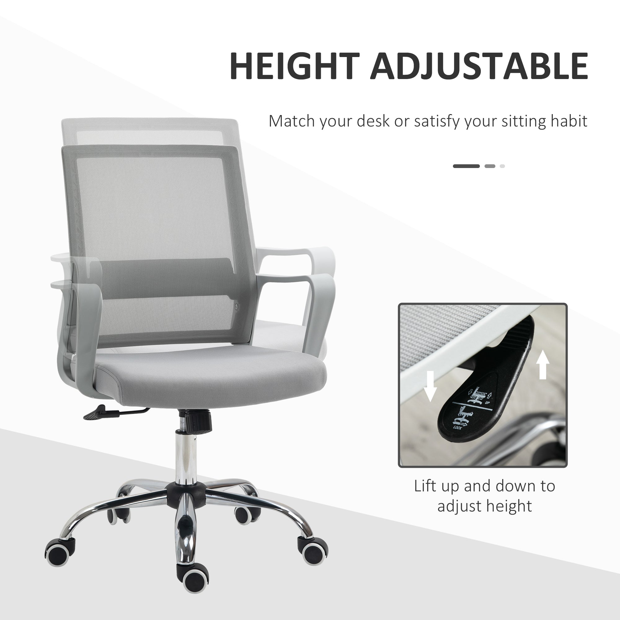 Vinsetto Ergonomic Desk Chair Mesh Office Chair with Adjustable Height Armrest and 360° Swivel Castor Wheels Grey - North Peak Garden Furniture