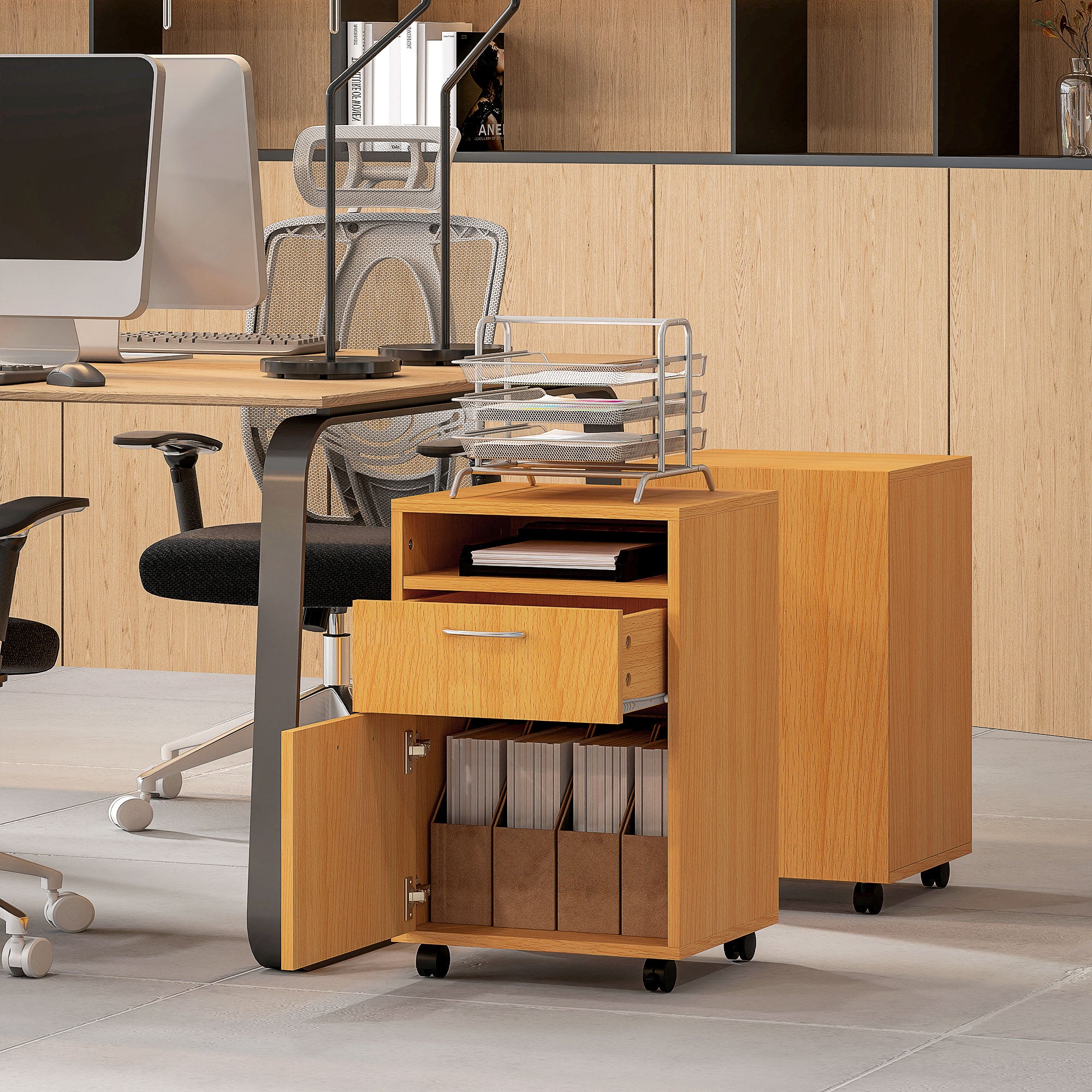 HOMCOM 60cm Filing Cabinet with Drawer, Open Shelf, Metal Handles and 4 Wheels, Office Home Organiser Mobile Printer, Natural Wood Finish - North Peak Garden Furniture