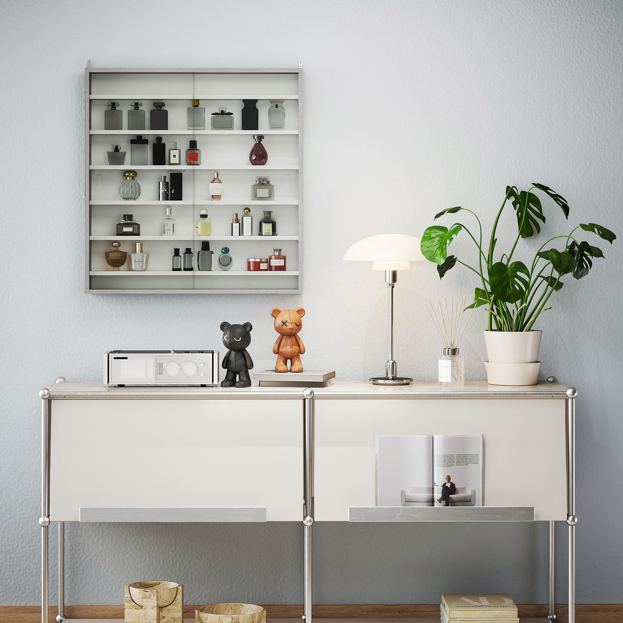 HOMCOM Six Shelf Display Cabinet, with Glass Doors - Graphite Wood Effect - North Peak Garden Furniture