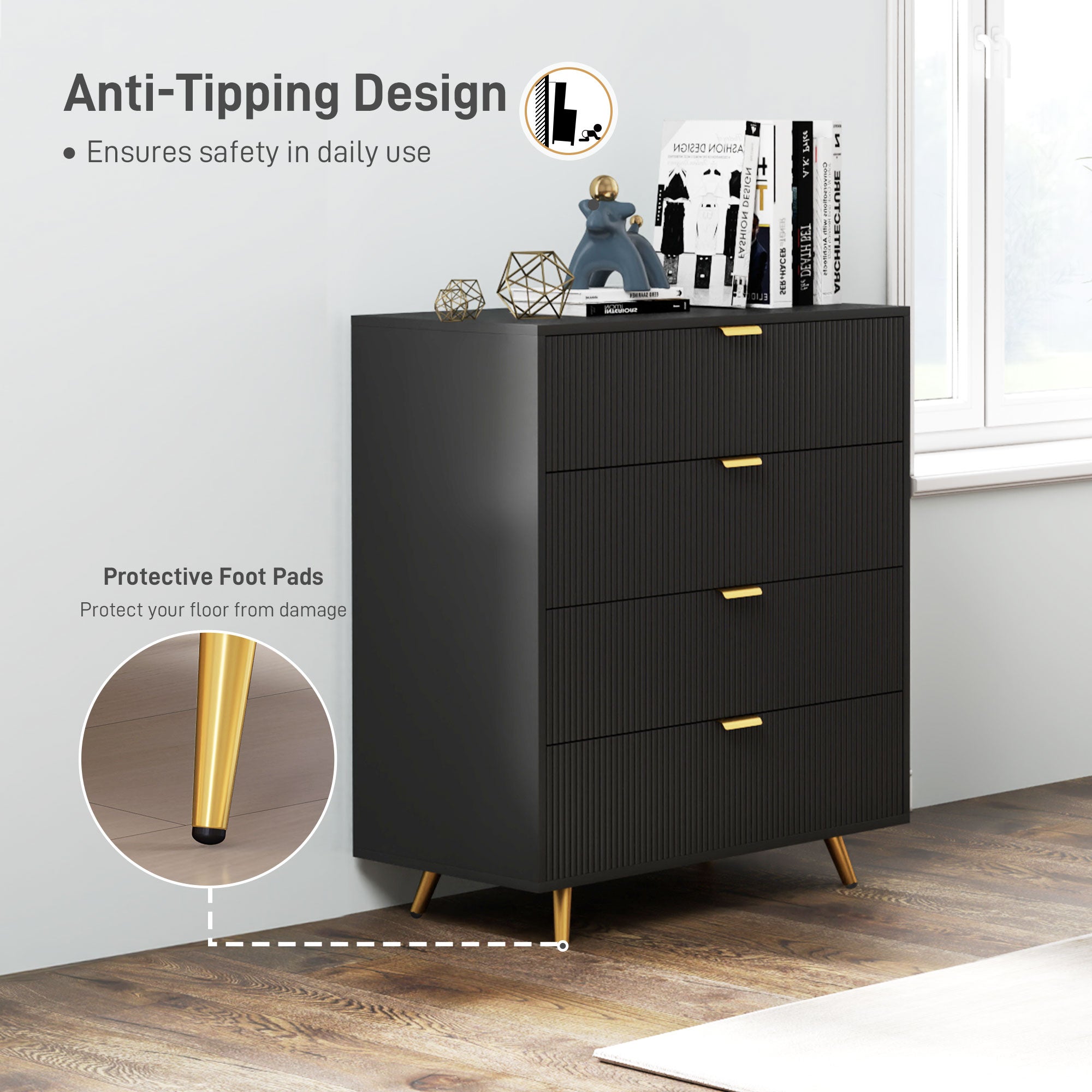 HOMCOM Bedroom Chest of Drawers with 4 Drawers, Fluted Dresser with Gold Tone Handles, Storage Cabinet for Bedroom, Living Room, Hallway, Entryway, Black - North Peak Garden Furniture