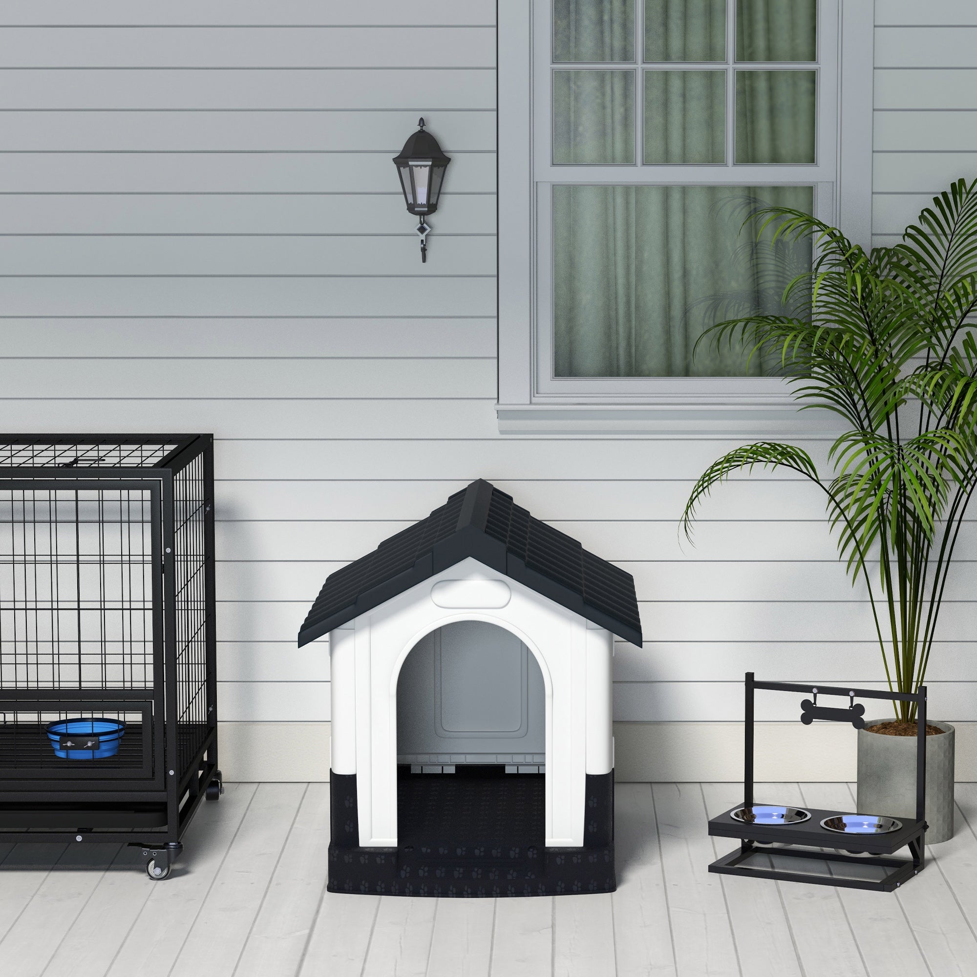 PawHut Plastic Dog Kennel with Windows, for Garden Patio, Miniature and Small Dogs, 80 x 69 x 76cm - Grey - North Peak Garden Furniture