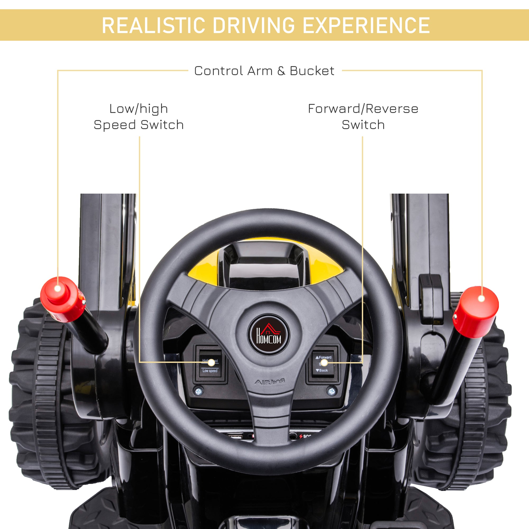 HOMCOM 6V Electric Kids Ride On Digger Excavator Construction Tractor Music Headlight for 3-5 years Yellow - North Peak Garden Furniture