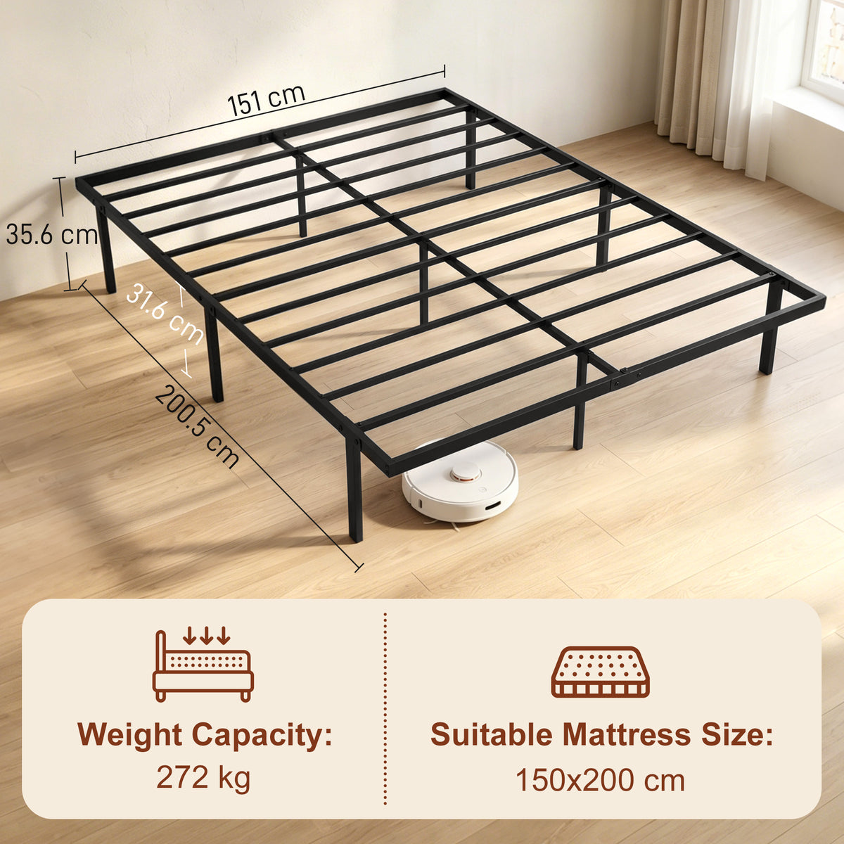 HOMCOM 5ft King Bed Frame with Underbed Storage, Metal Platform Bed Frame with Steel Slat Support, No Box Spring Needed