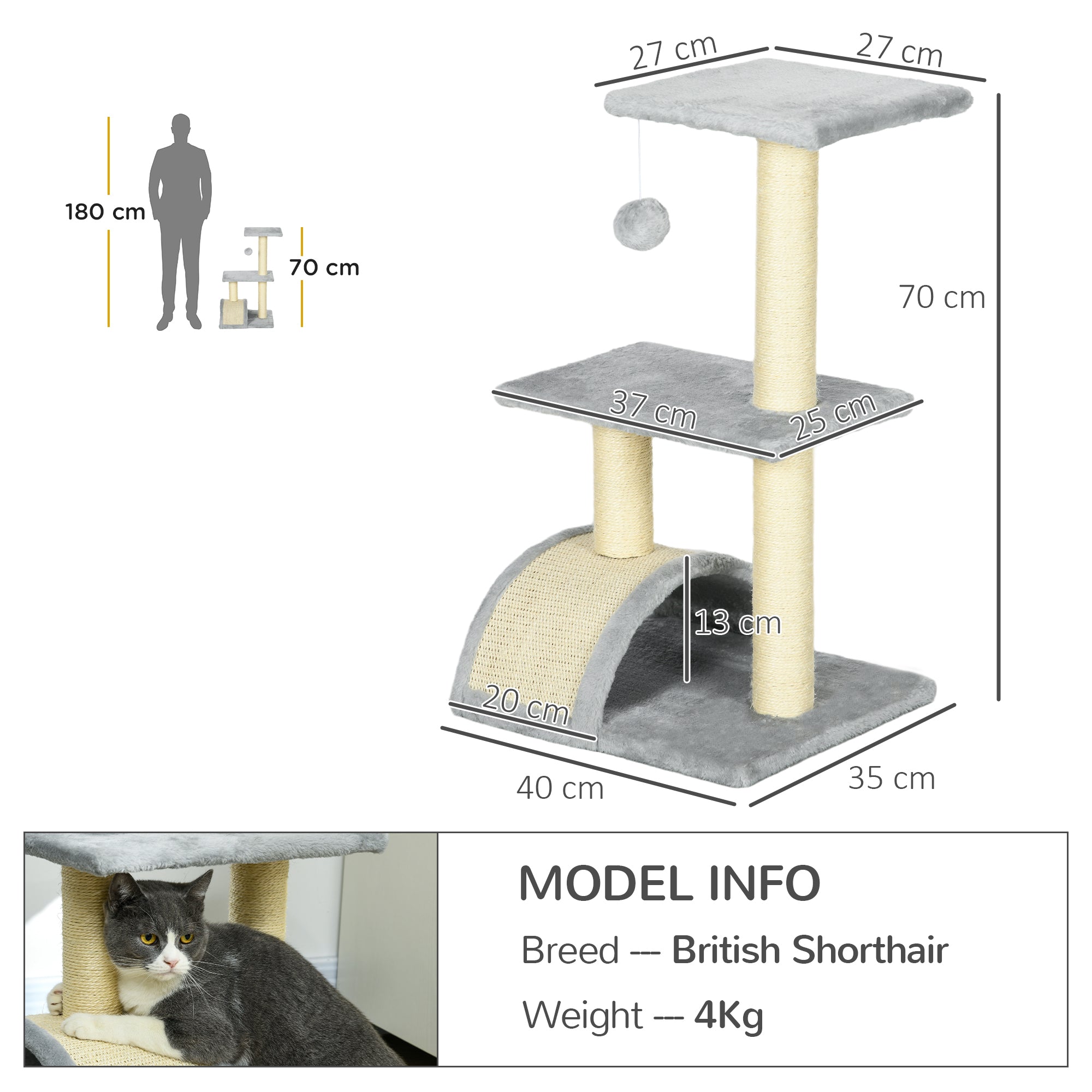 PawHut 72cm Cat Tree with Scratching Post, Pad for Indoor Cats - Light Grey - North Peak Garden Furniture