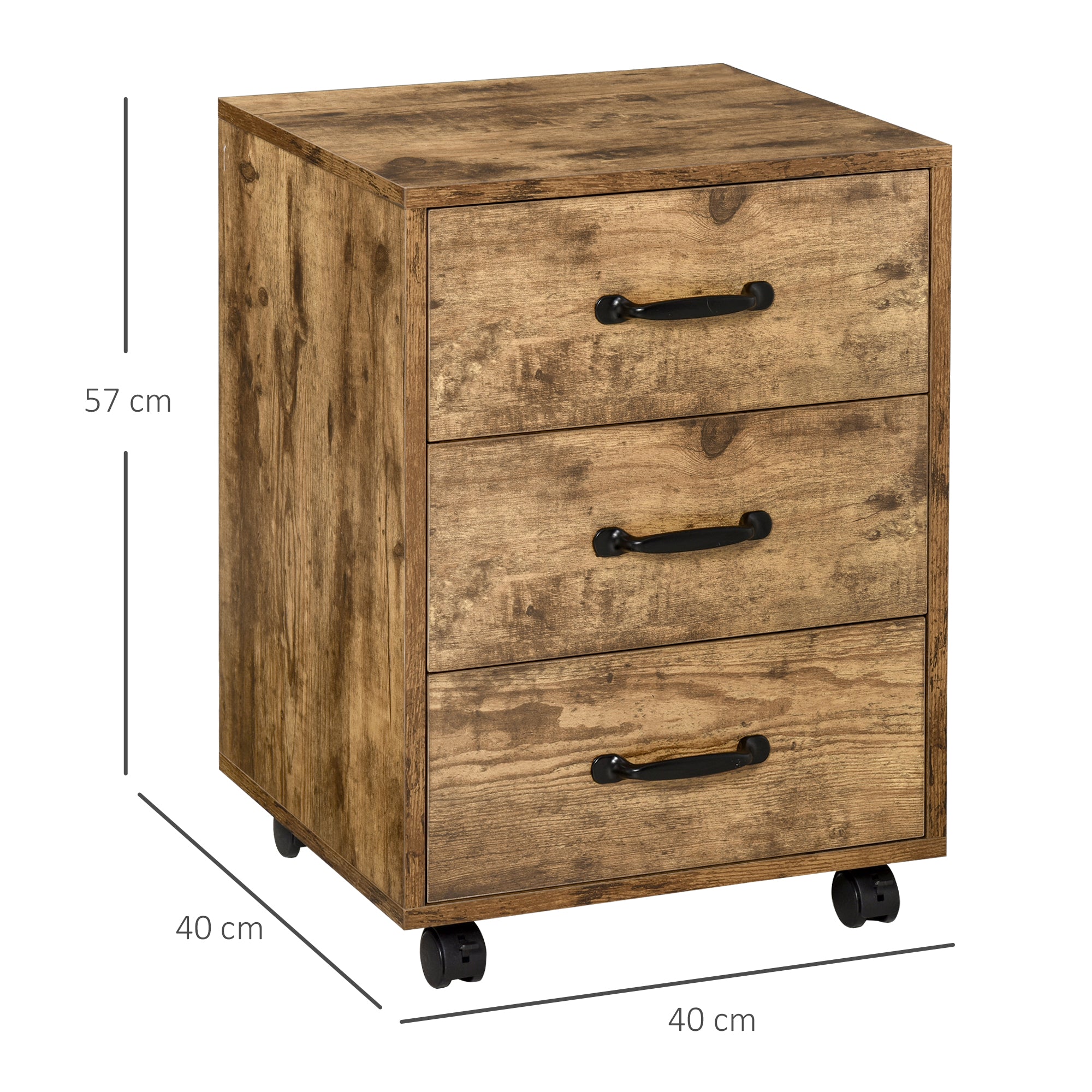 HOMCOM 3 Drawer File Cabinet, Mobile Filing Cabinet on Wheels for Home Office, Study, Rustic Brown - North Peak Garden Furniture