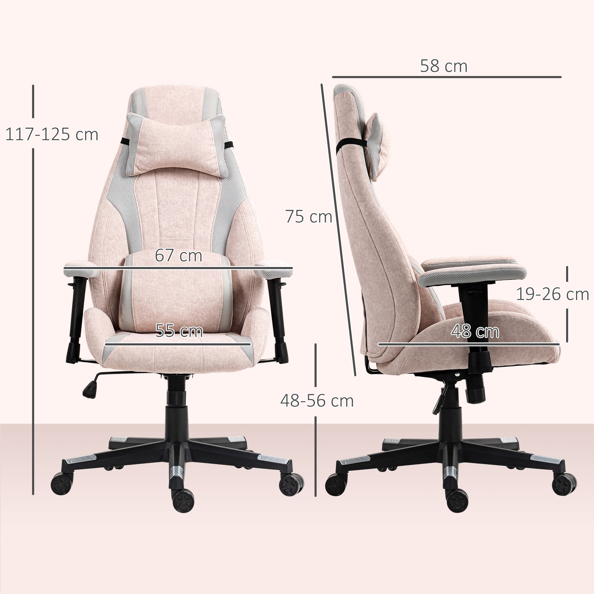 HOMCOM Fabric Gaming Chair with Lumbar Support, Headrest - Pale Pink - North Peak Garden Furniture