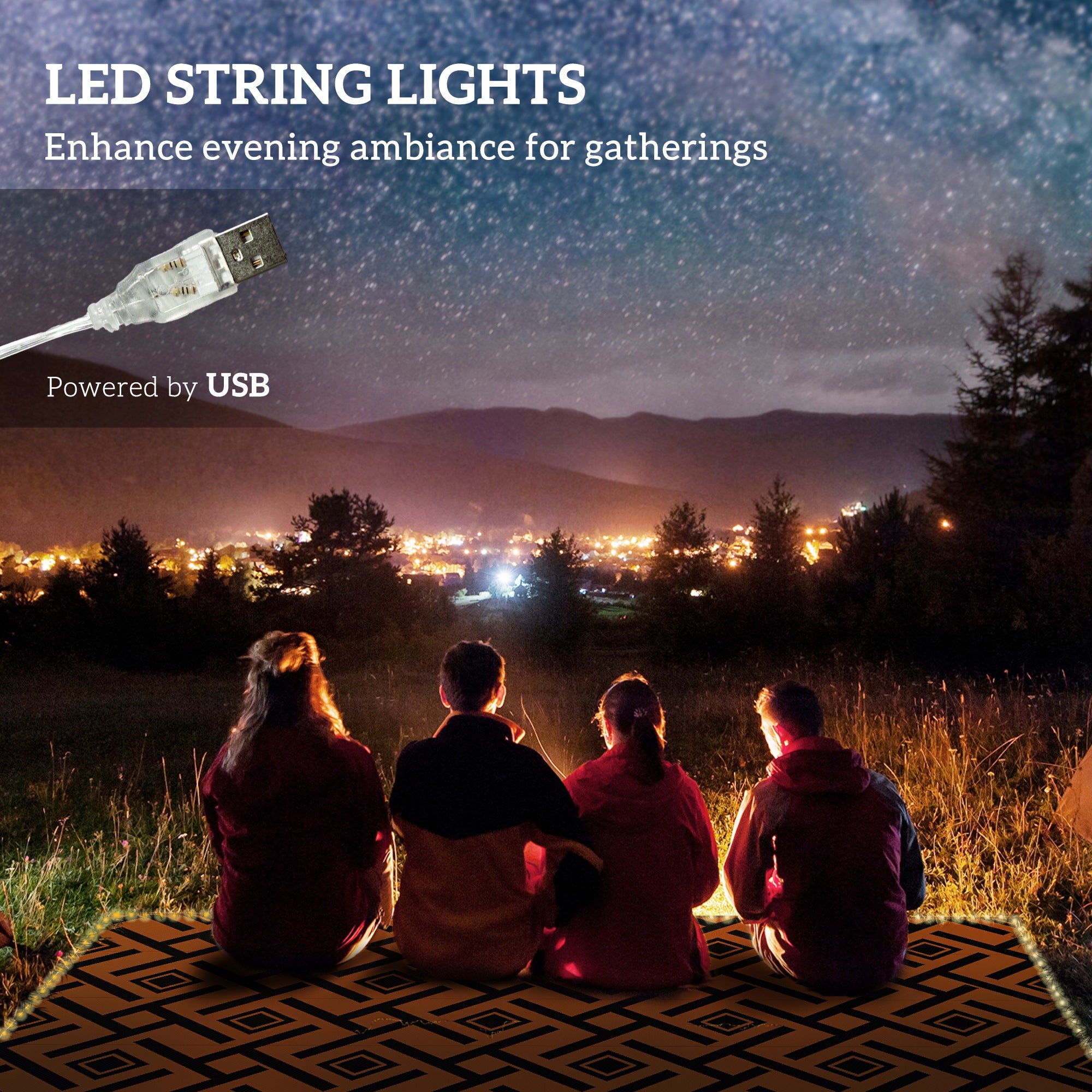 Outsunny Plastic Straw Reversible RV Outdoor Rug with LED String Light, 182 x 274cm, Brown and Black - North Peak Garden Furniture