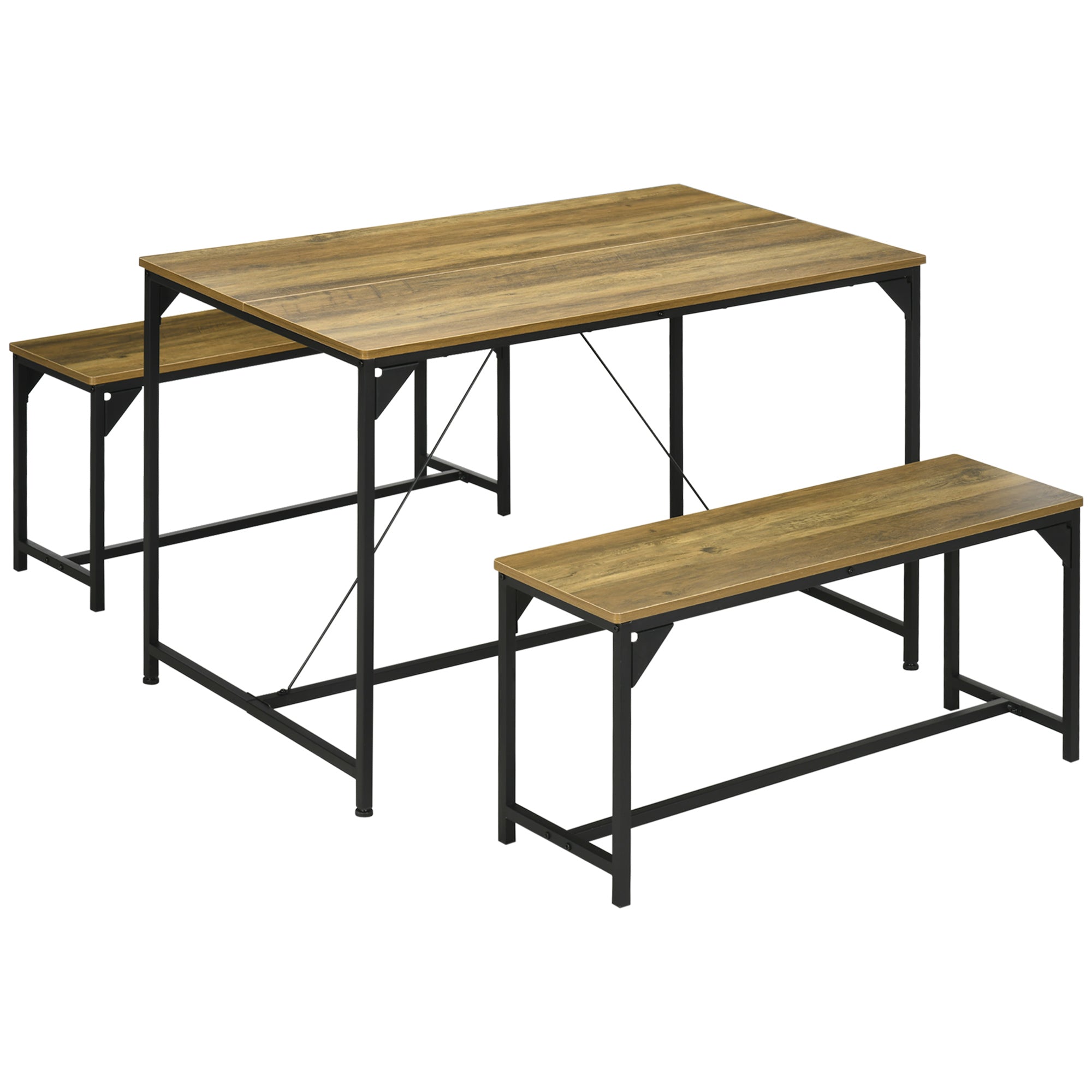 HOMCOM Dining Table and Bench Set for 4, Kitchen Table with 2 Benches, Space Saving Dining Room Sets, Natural - North Peak Garden Furniture