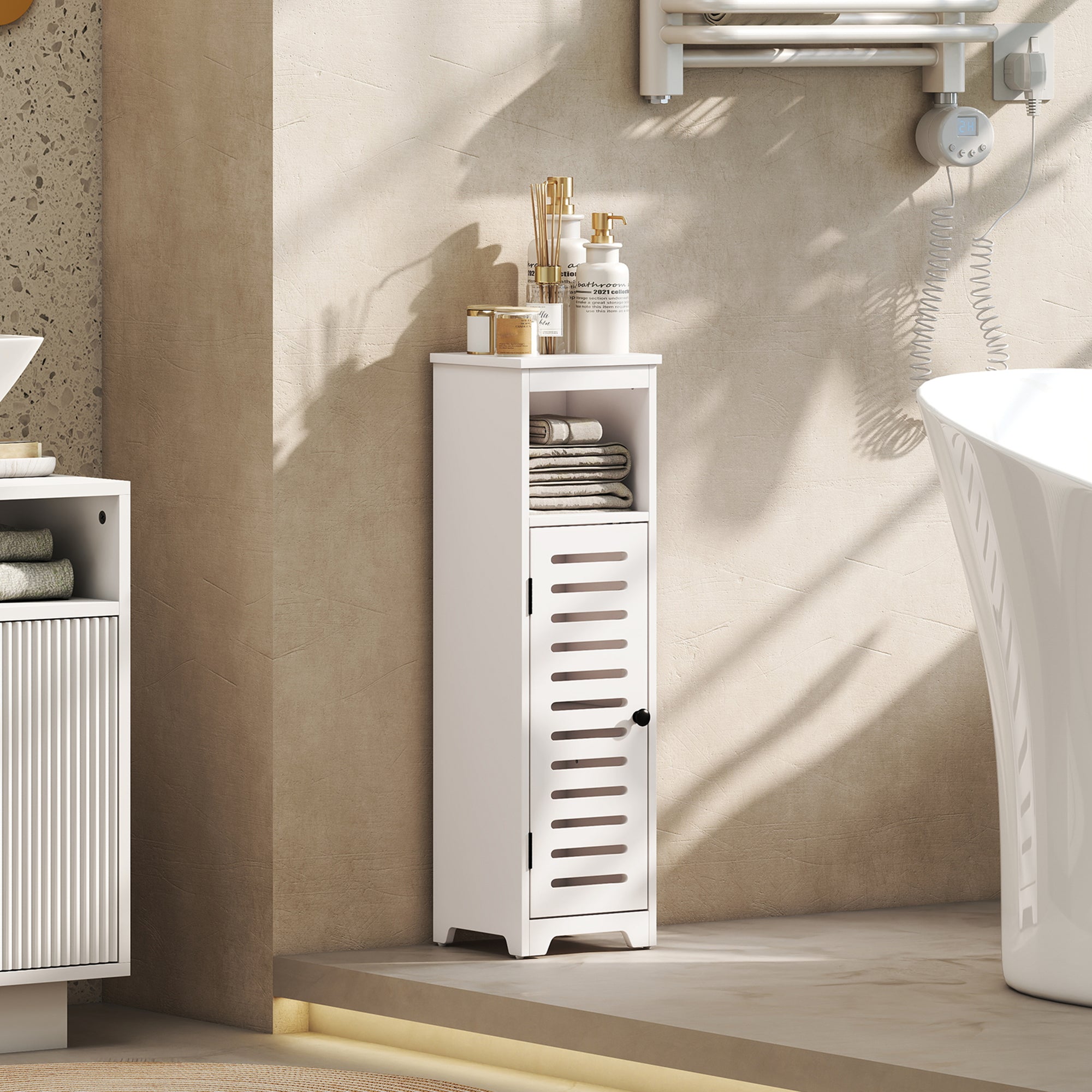 HOMCOM Bathroom Floor Cabinet, Bathroom Storage Unit with Louvered Door, Open Shelf, Adjustable Shelf, White, 22 x 20 x 75 cm