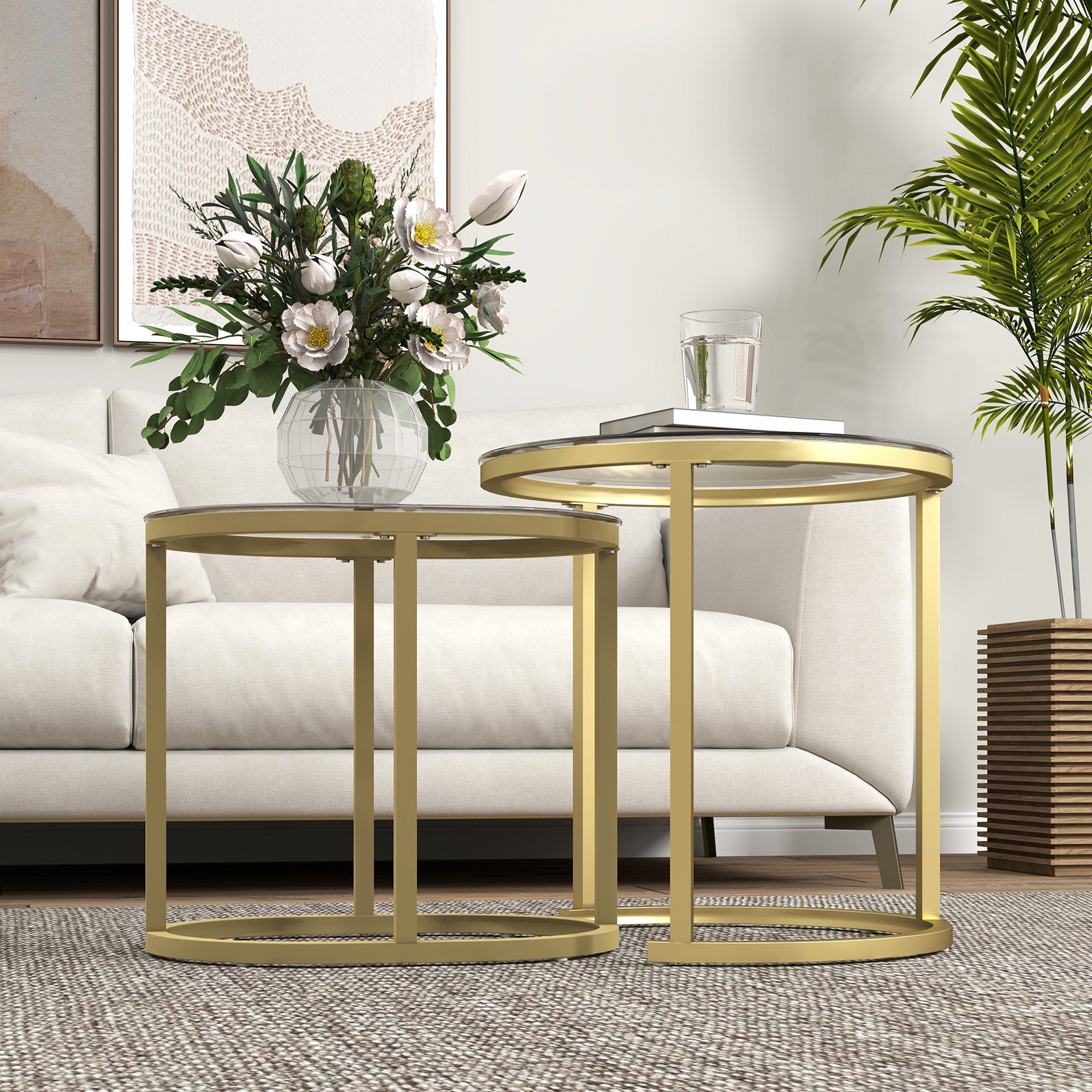 HOMCOM Modern Coffee Table Set of 2, Nest of Tables with Steel Frame and Tempered Glass Tabletop, Side Tables for Living Room Bedroom, Clear - North Peak Garden Furniture