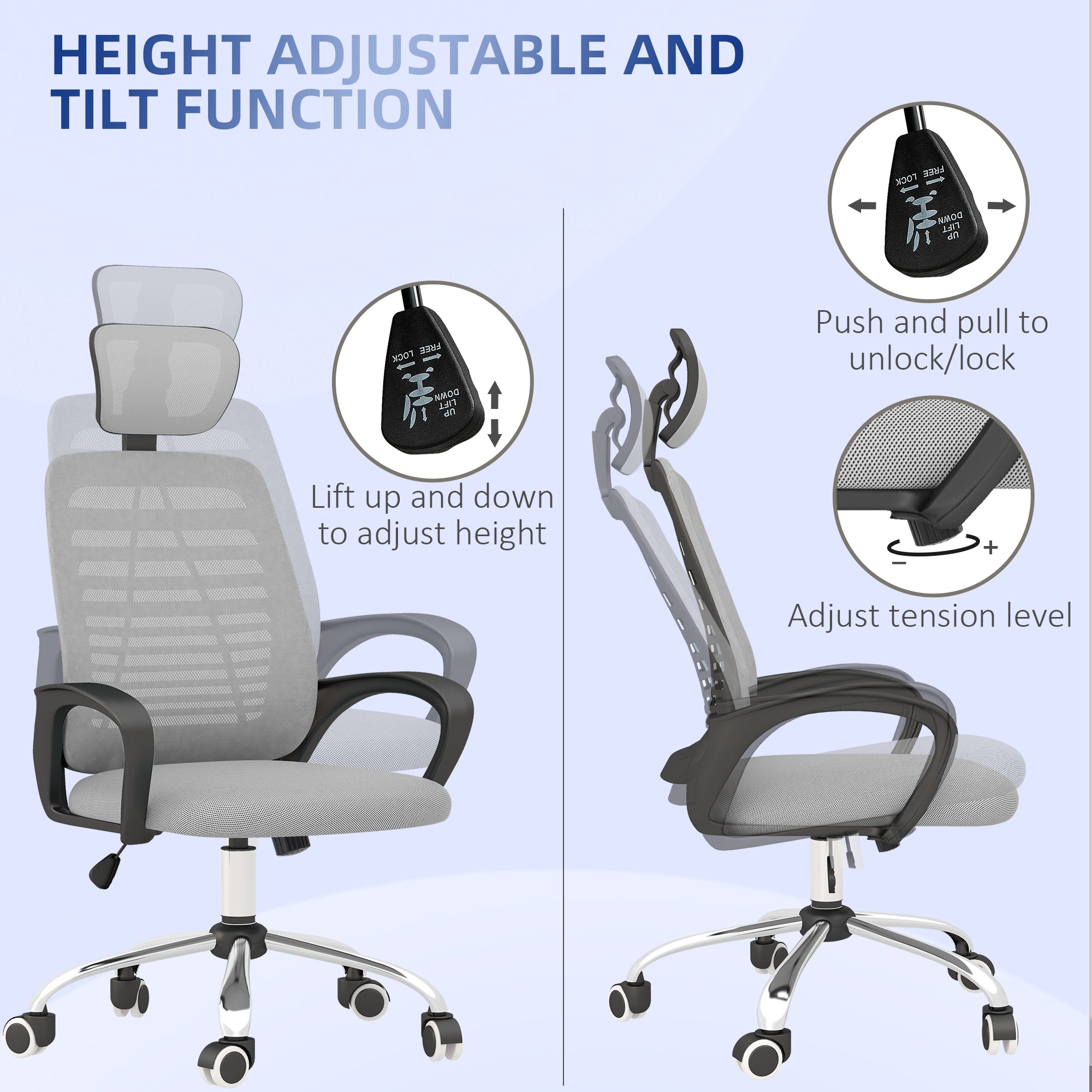 Vinsetto Ergonomic Office Chair, Mesh Desk Chair with Rotatable Headrest, Lumbar Back Support, Armrest, Grey - North Peak Garden Furniture