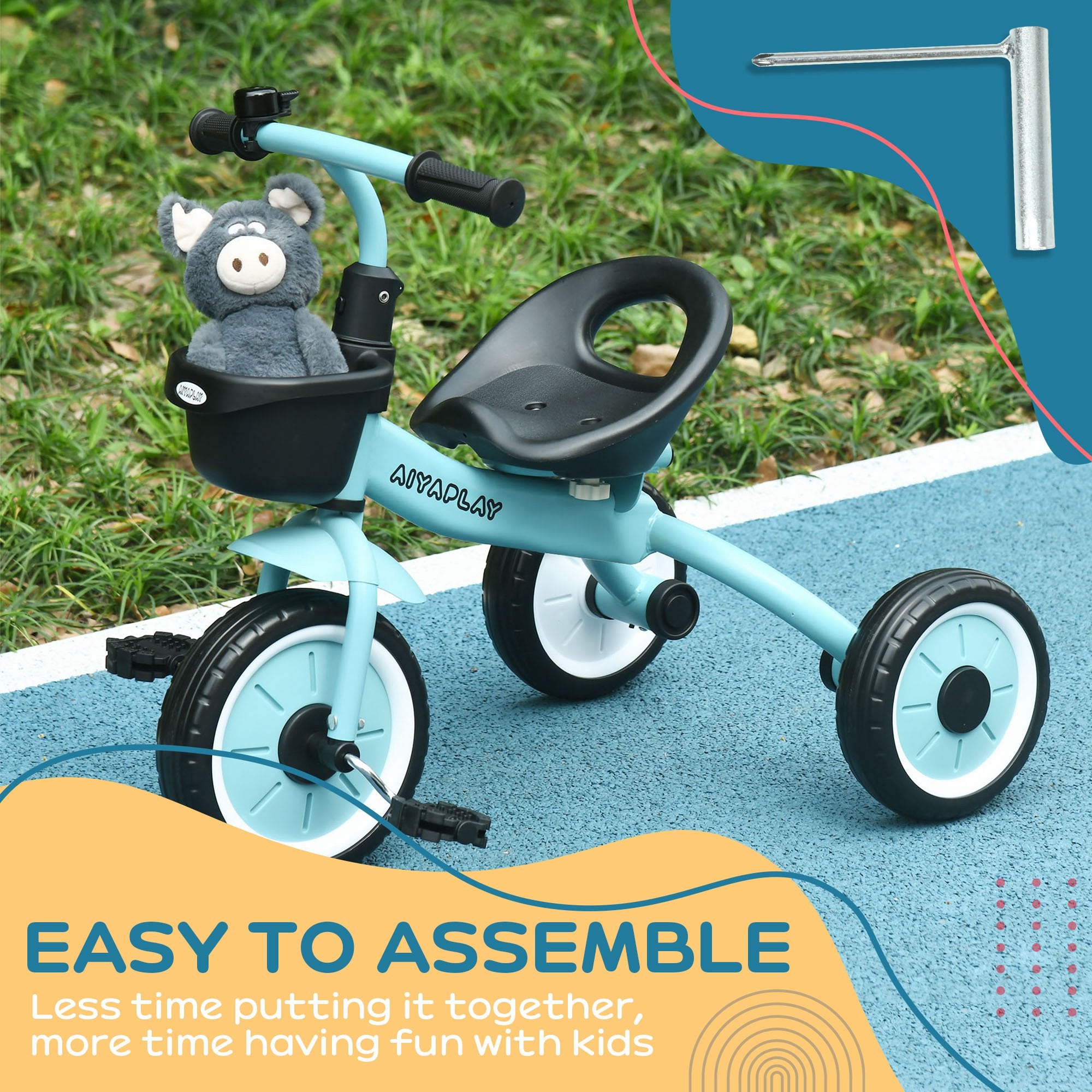 AIYAPLAY Kids Trike, Tricycle, with Adjustable Seat, Basket, Bell, for Ages 2-5 Years - Blue - North Peak Garden Furniture