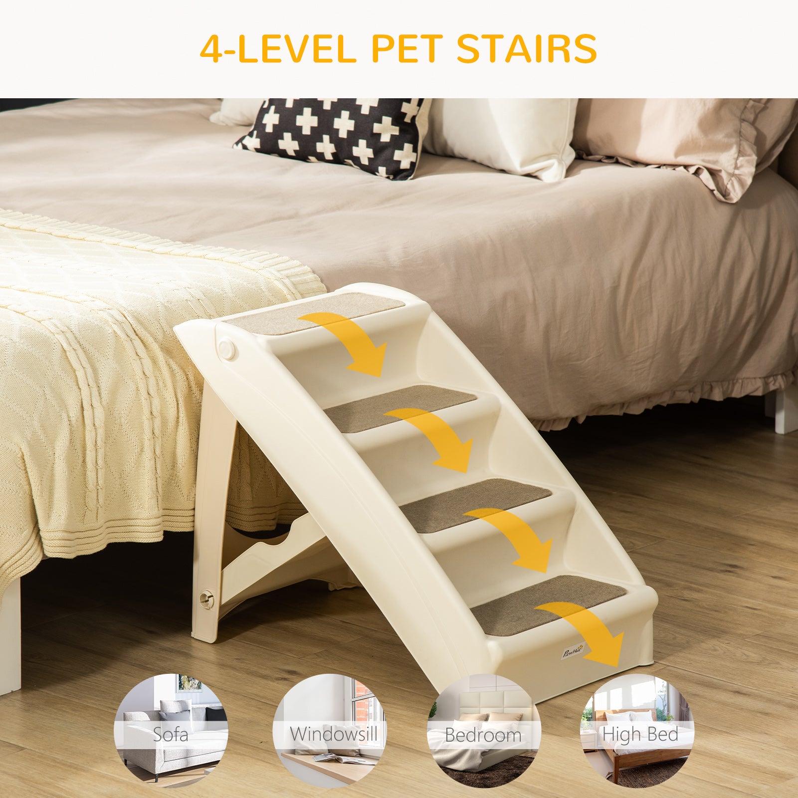 PawHut Foldable Four-Step Pet Stairs, for Cats, Small Miniature Dogs, with Non-Slip Mats 62 x 38 x 49.5cm - Beige