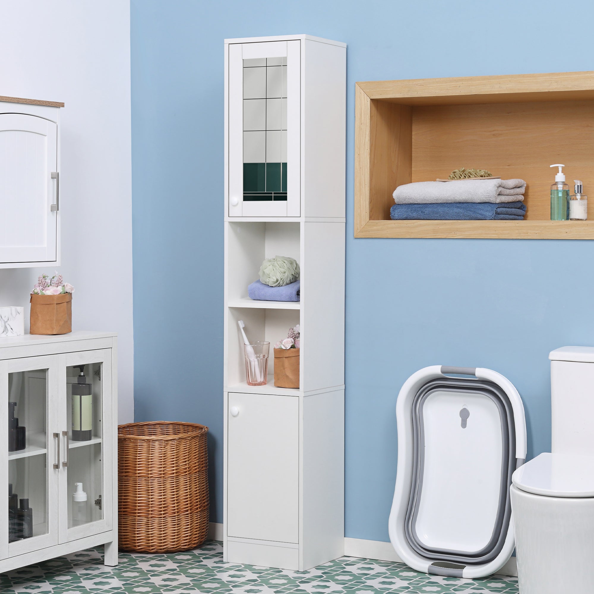 kleankin Tall Bathroom Storage Cabinet with Mirror, Narrow Bathroom Unit, Freestanding Bathroom Cupboard with Adjustable Shelves and 2 Doors, White - North Peak Garden Furniture