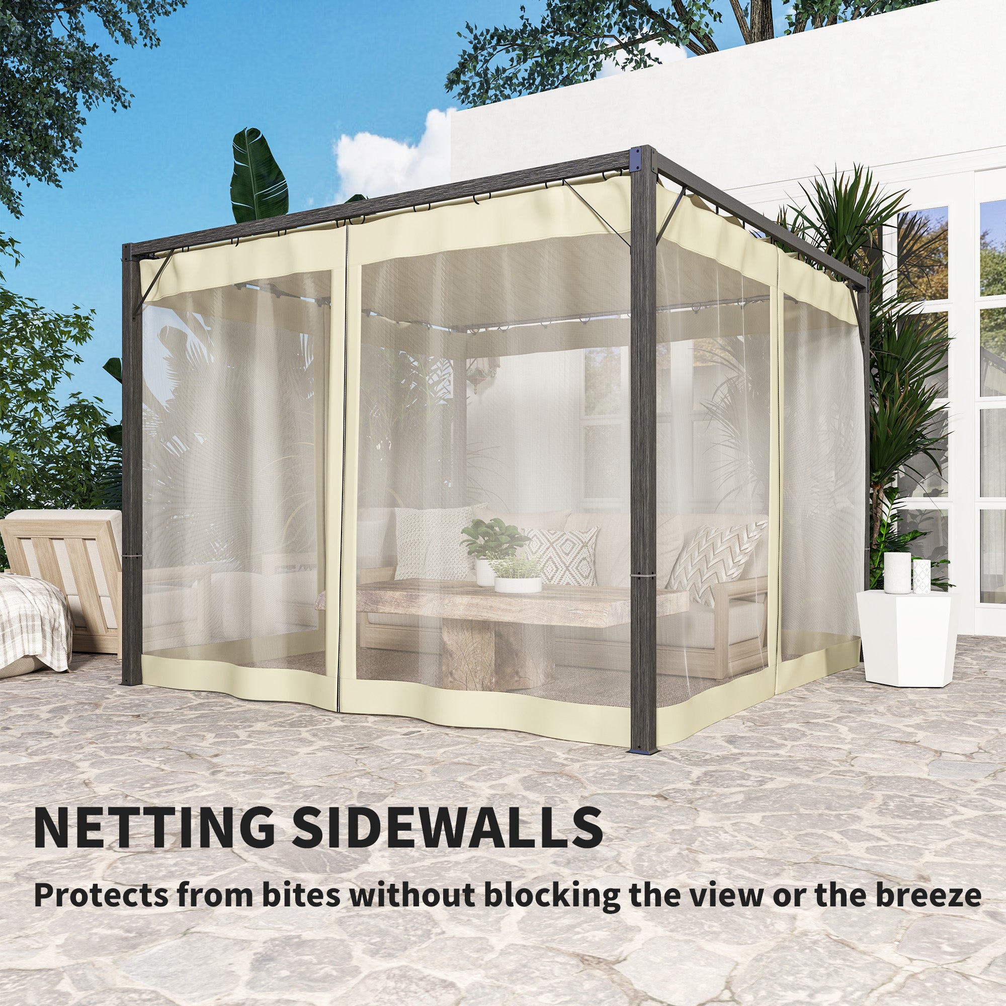 Outsunny 3 x 3m Aluminium Frame Pergola, with Retractable Roof - Khaki - North Peak Garden Furniture
