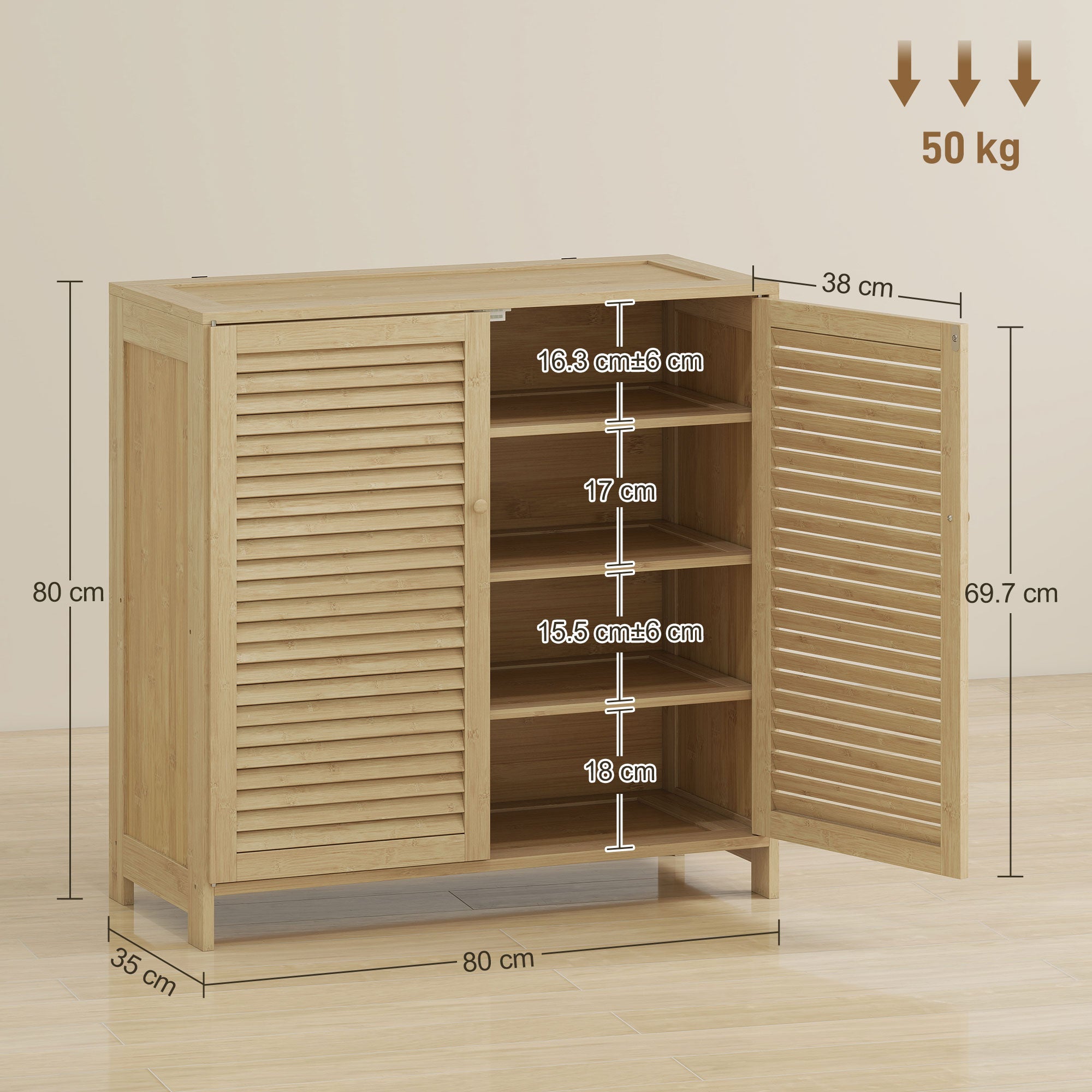HOMCOM Bamboo Shoe Cabinet with Louvered Doors, 14 Pairs Shoe Storage Cabinet with Adjustable Shelves for Hallway, Natural
