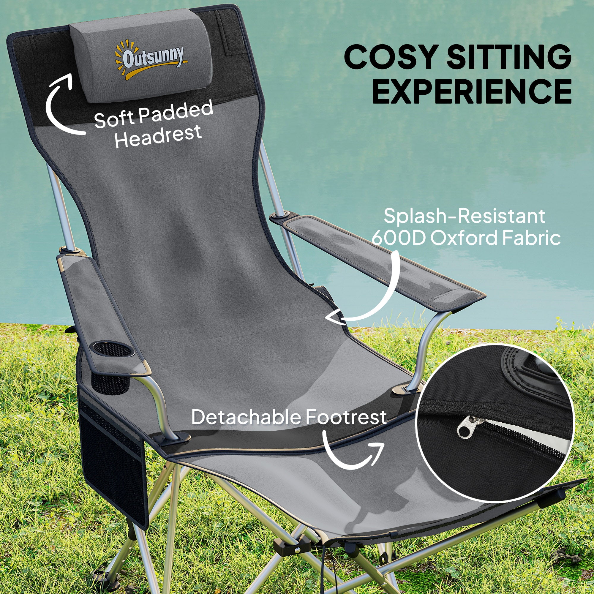 Outsunny Set of 2 Reclining Folding Camping Chair w/ Detachable Footrest, Storage Bag, Cup Holder & Headrest, Lightweight Portable Camp Chair for Beach, Picnic, Grey and Black - North Peak Garden Furniture