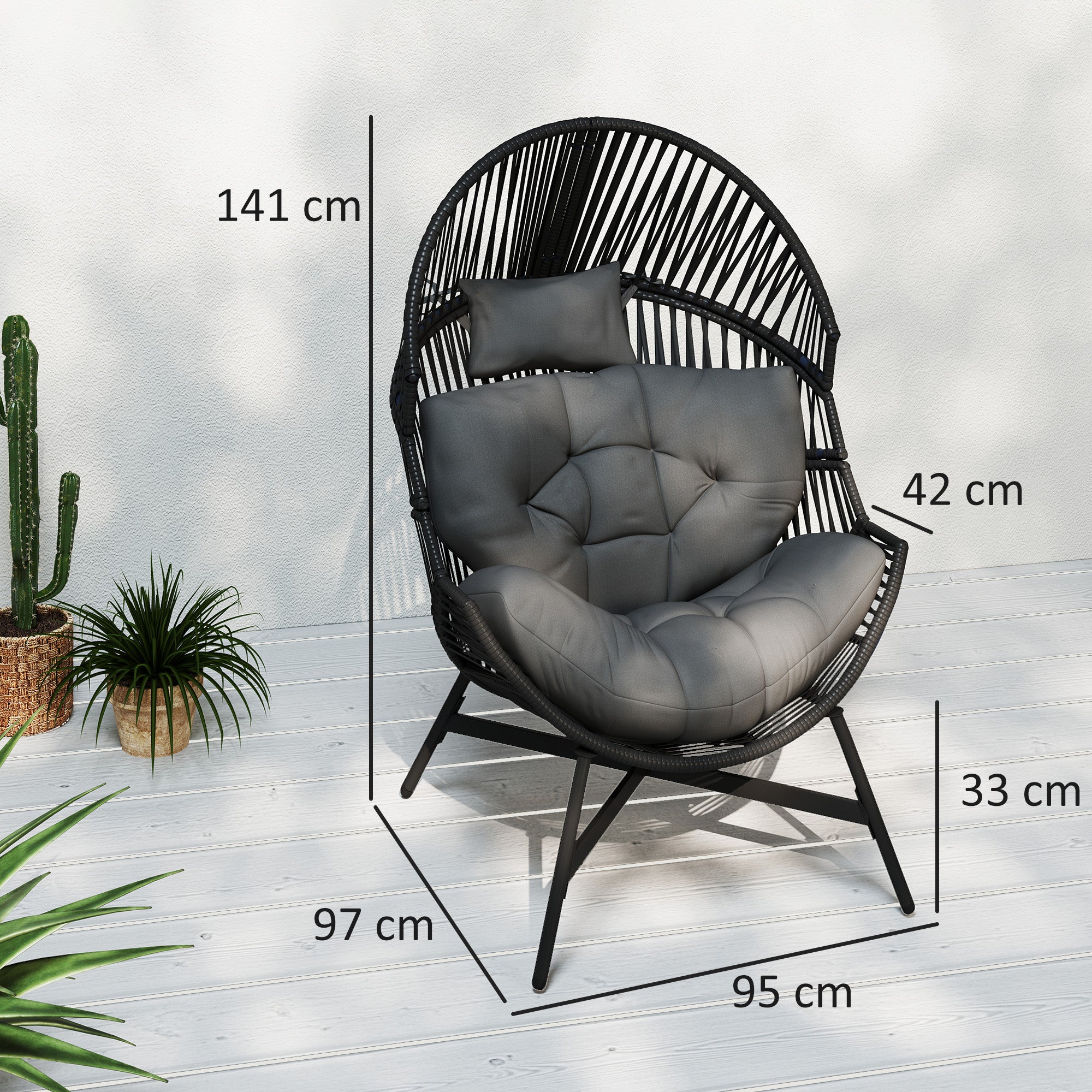 Outsunny Standing Rattan Egg Chair Outdoor, Oversized Wicker Garden Egg Chair with Thick Tufted Cushion, Headrest, Steel Frame, Charcoal Grey - North Peak Garden Furniture