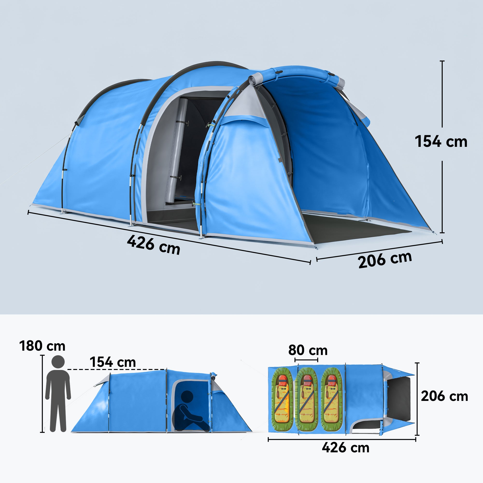 Outsunny 2-3 Man Tunnel Tents w/ Vestibule Camping Tent Porch Air Vents Rainfly Weather-Resistant Shelter Fishing Hiking Festival Shelter Home