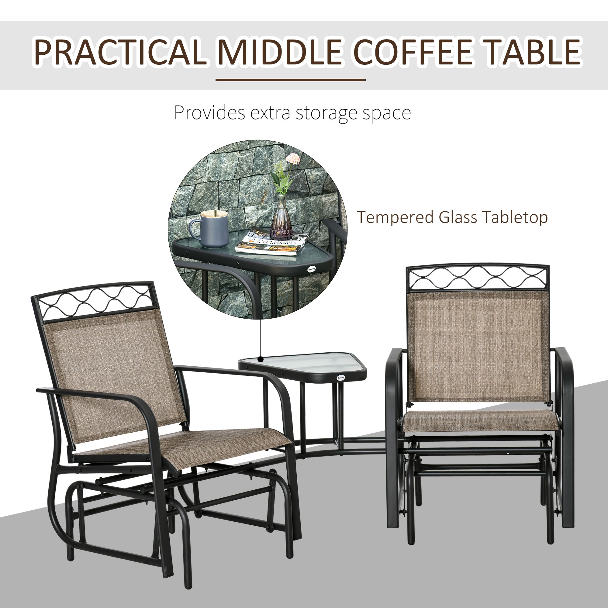Outsunny Double Outdoor Glider Chair, 2 Seater Patio Rocking Chairs, Swing Bench with Tempered Glass Table, Breathable Mesh Fabric for Backyard, Garden, Porch, Brown - North Peak Garden Furniture