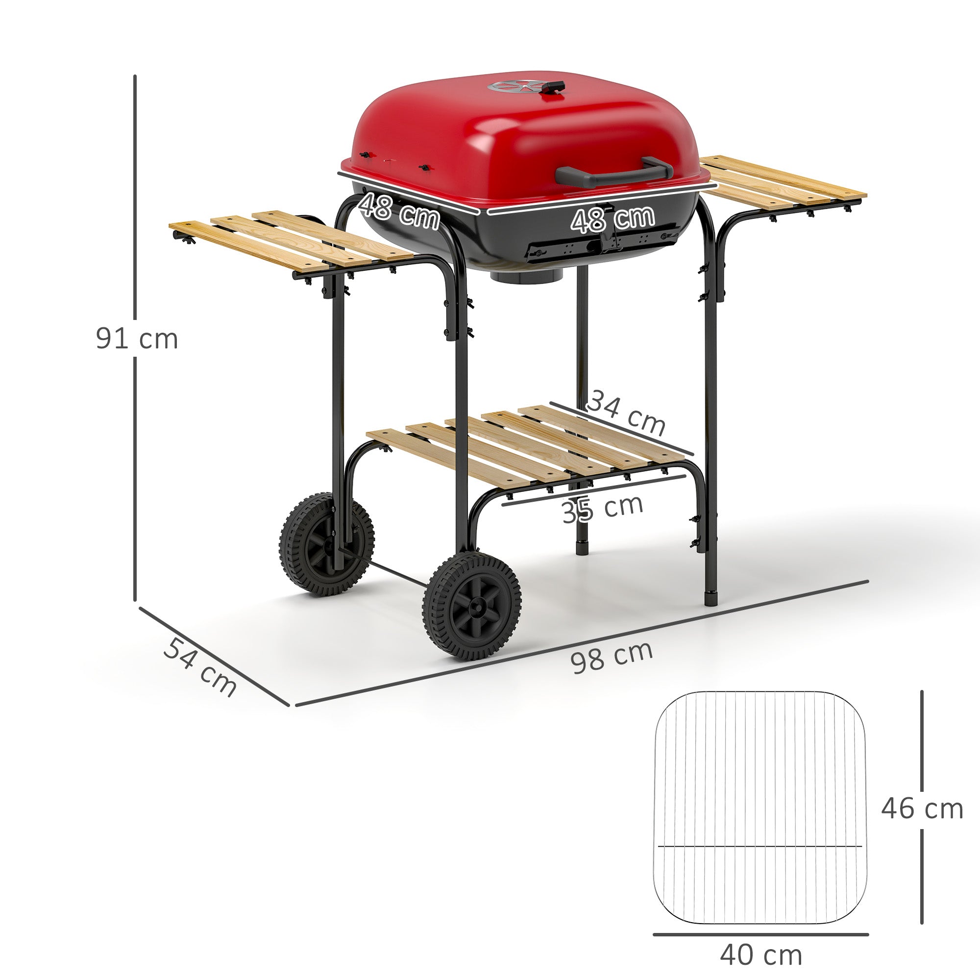 Outsunny Charcoal Barbecue Grill Portable BBQ Grill with 1840 cm² Cooking Area, 3 Shelves, Adjustable Vent, Lockable Lid, Wheels for Outdoor Cooking, Garden Party, Red - North Peak Garden Furniture