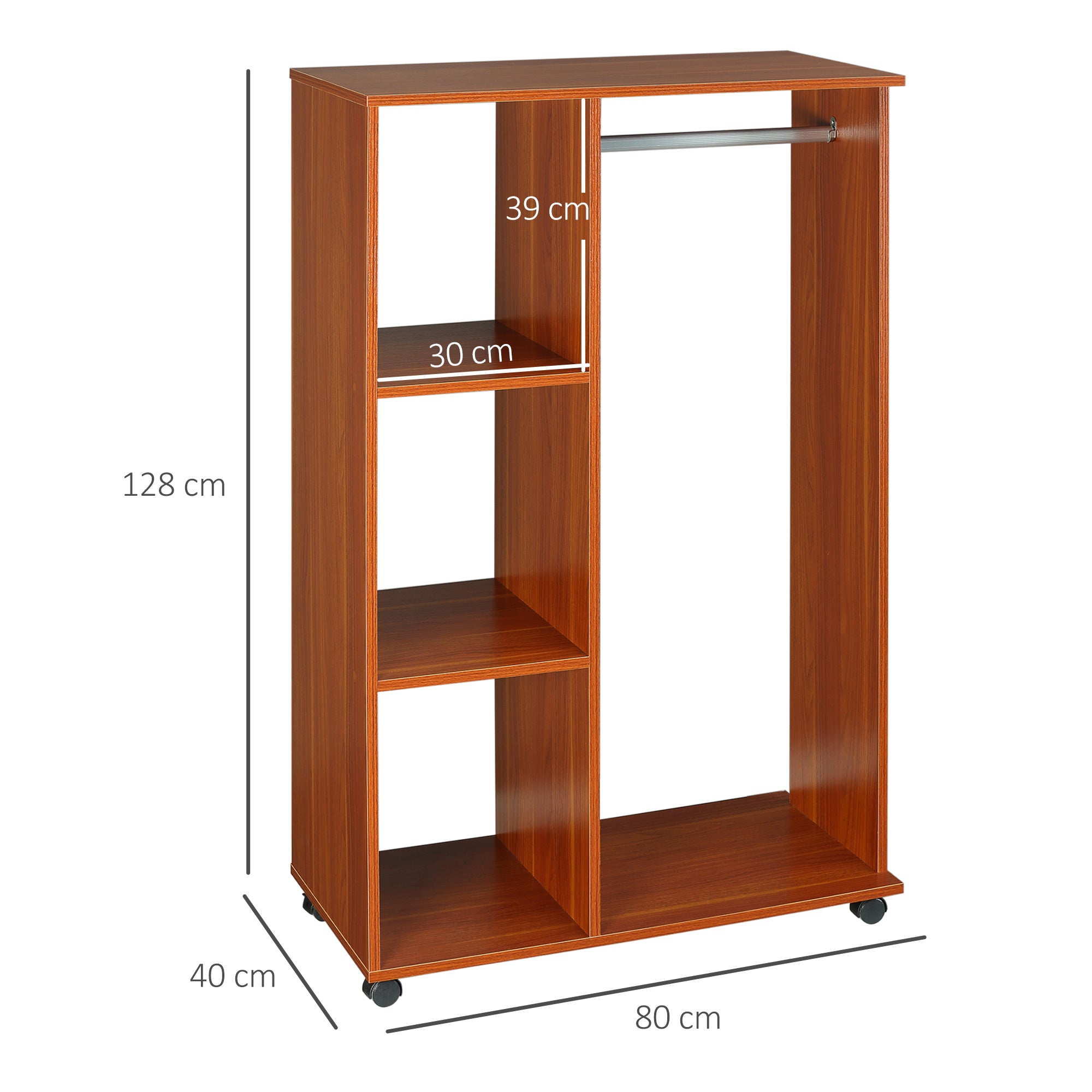 HOMCOM Open Wardrobe on Wheels with Clothes Rail, Bedroom Clothes Storage with Hanging Rod, 3 Storage Shelves, Mobile Garment Rack for Cloakroom, Hallway, Walnut