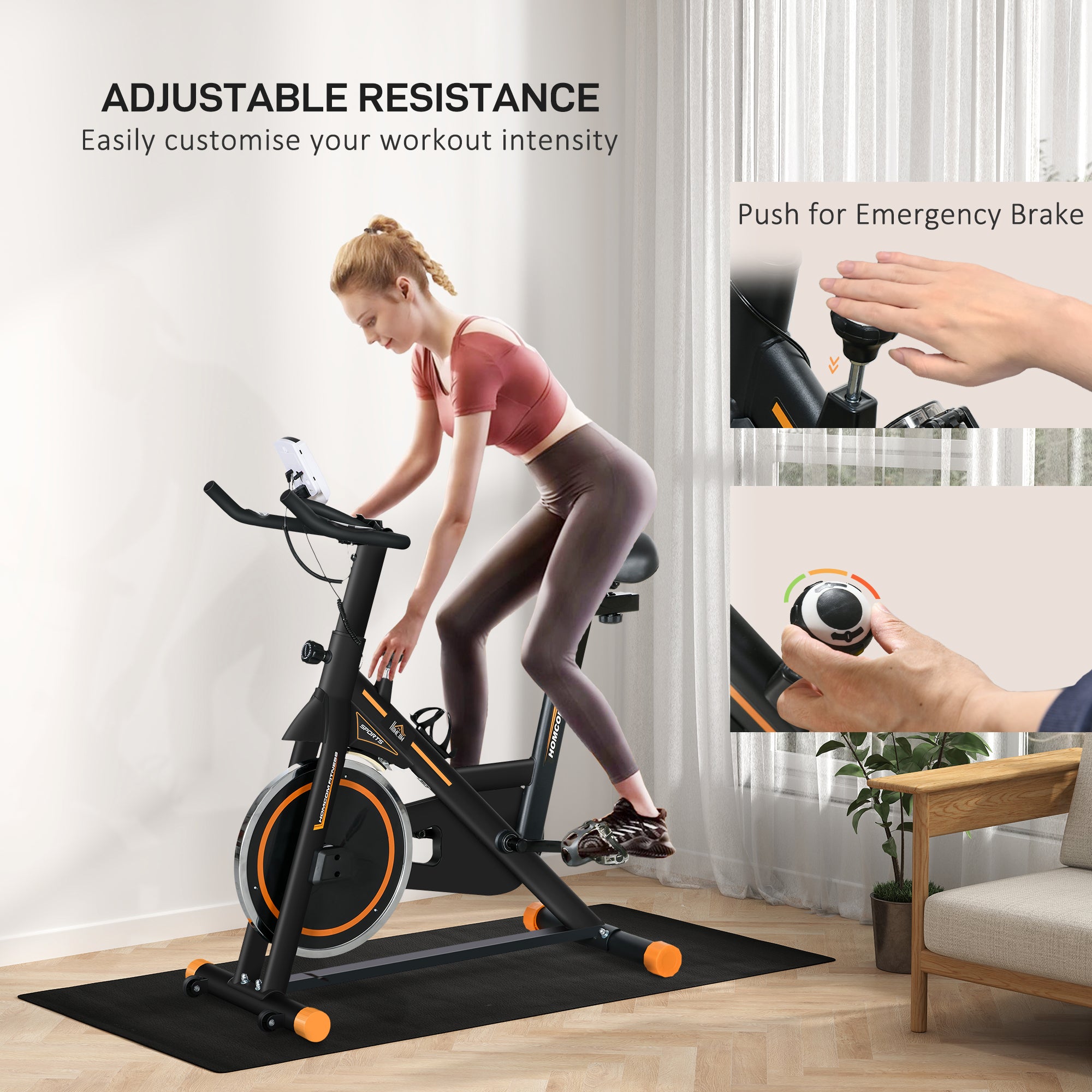 HOMCOM Exercise Bike, Indoor Cycling, with LCD Display, Heart Rate, Sensor - Black and Orange - North Peak Garden Furniture