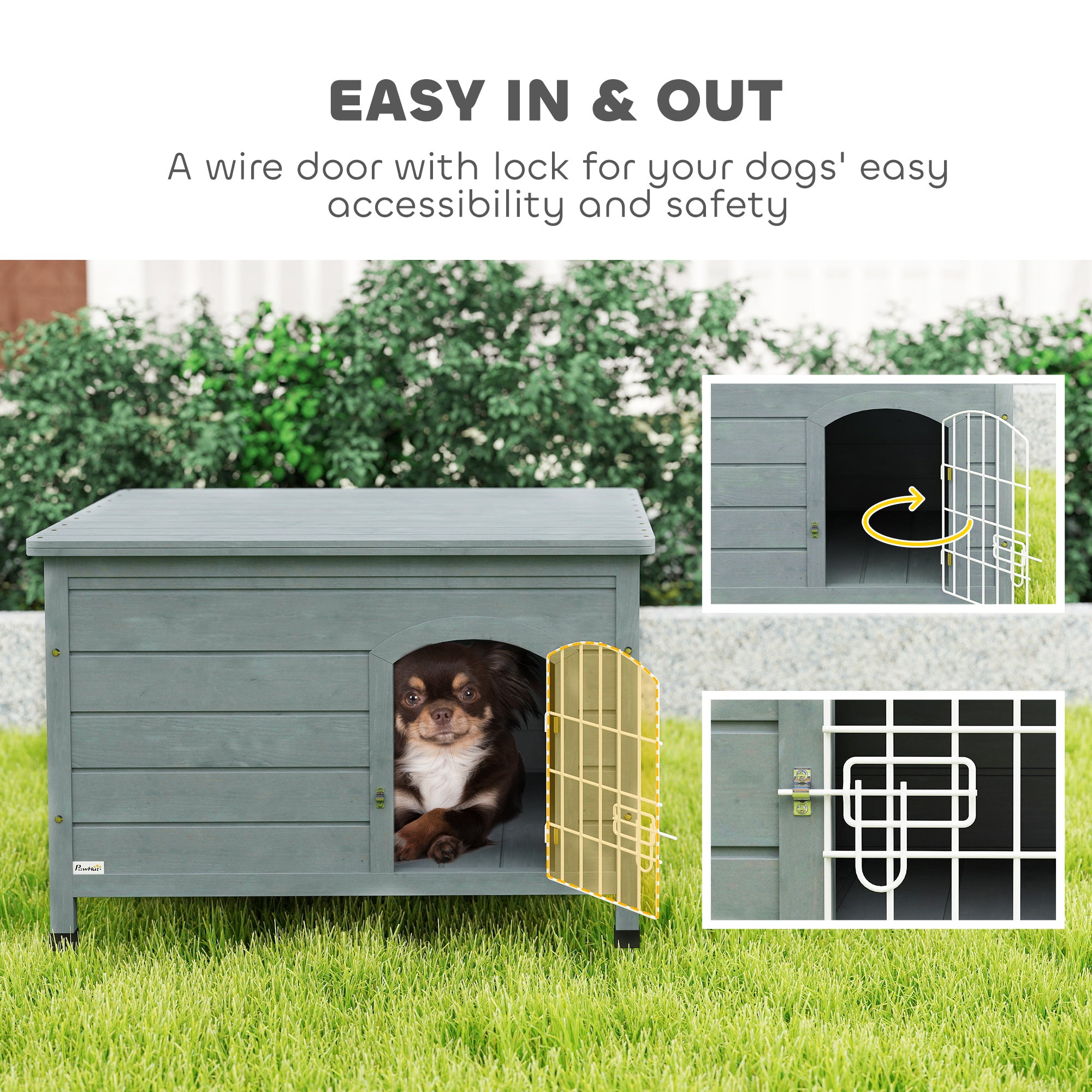 PawHut Wooden Dog House with Removable Bottom, Wire Door, Openable Top, Pet Shelter for Small Dog, 80 x 55 x 53.5cm, Dark Grey - North Peak Garden Furniture