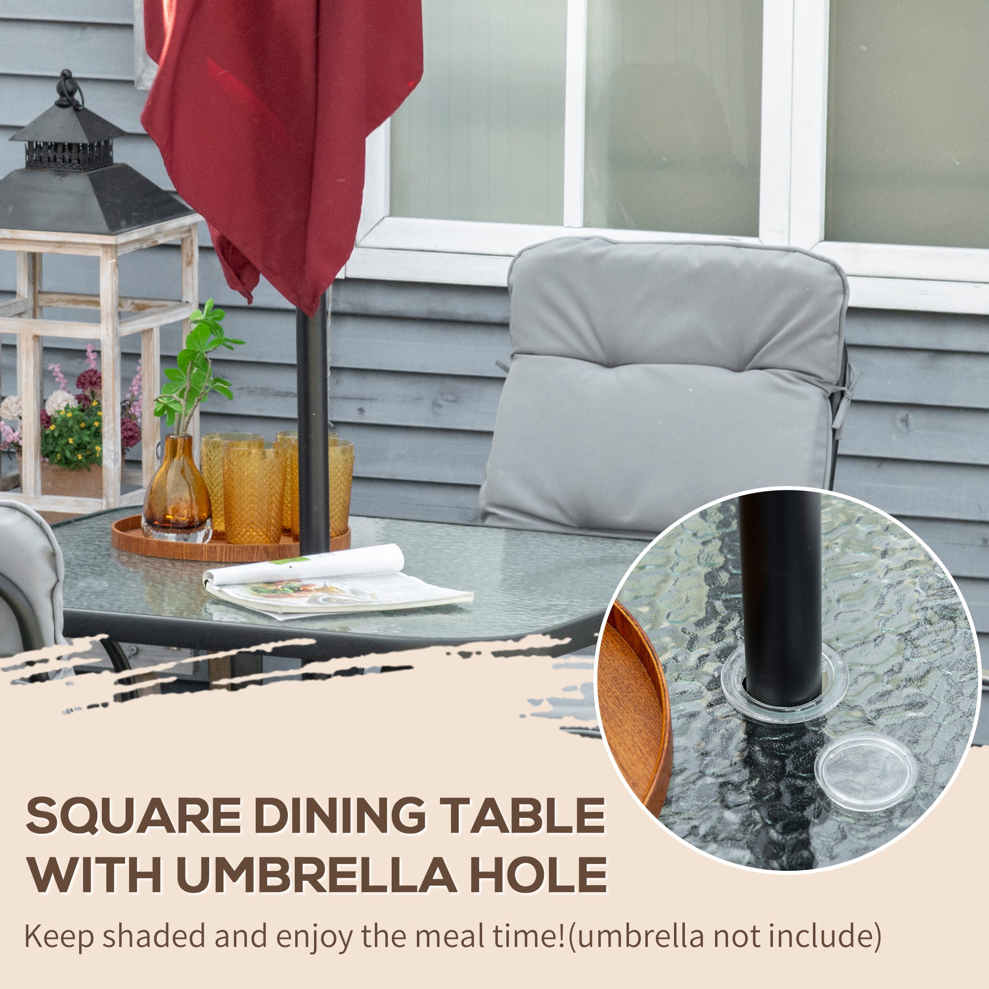 Outsunny 5 Pieces Outdoor Square Garden Dining Set w/ Tempered Glass Dining Table 4 Cushioned Armchairs, Umbrella Hole, Grey - North Peak Garden Furniture