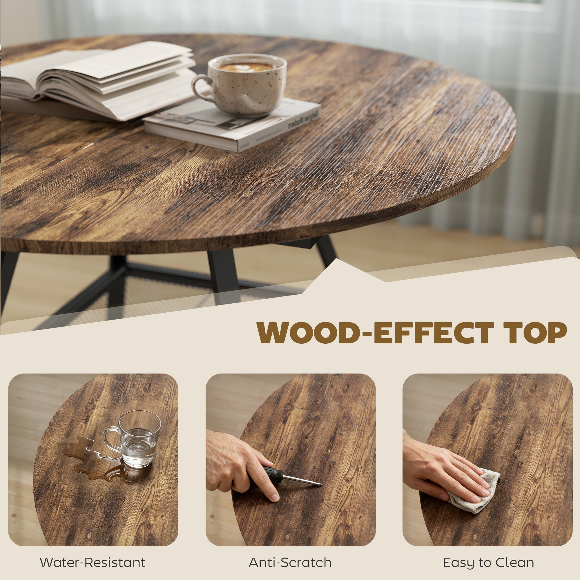 HOMCOM Dining Table for 4 People, 100 cm Round Industrial Kitchen Table with Storage Shelf, Rustic Brown