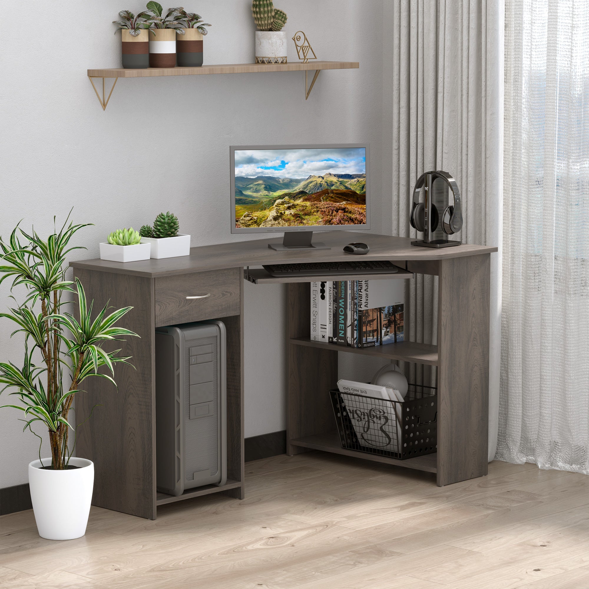 HOMCOM L-Shaped Corner Computer Desk w/ 2 Shelves Wide Worktop Keyboard Tray Drawer & CPU Stand Home Office Study Bedroom Furniture Grey - North Peak Garden Furniture