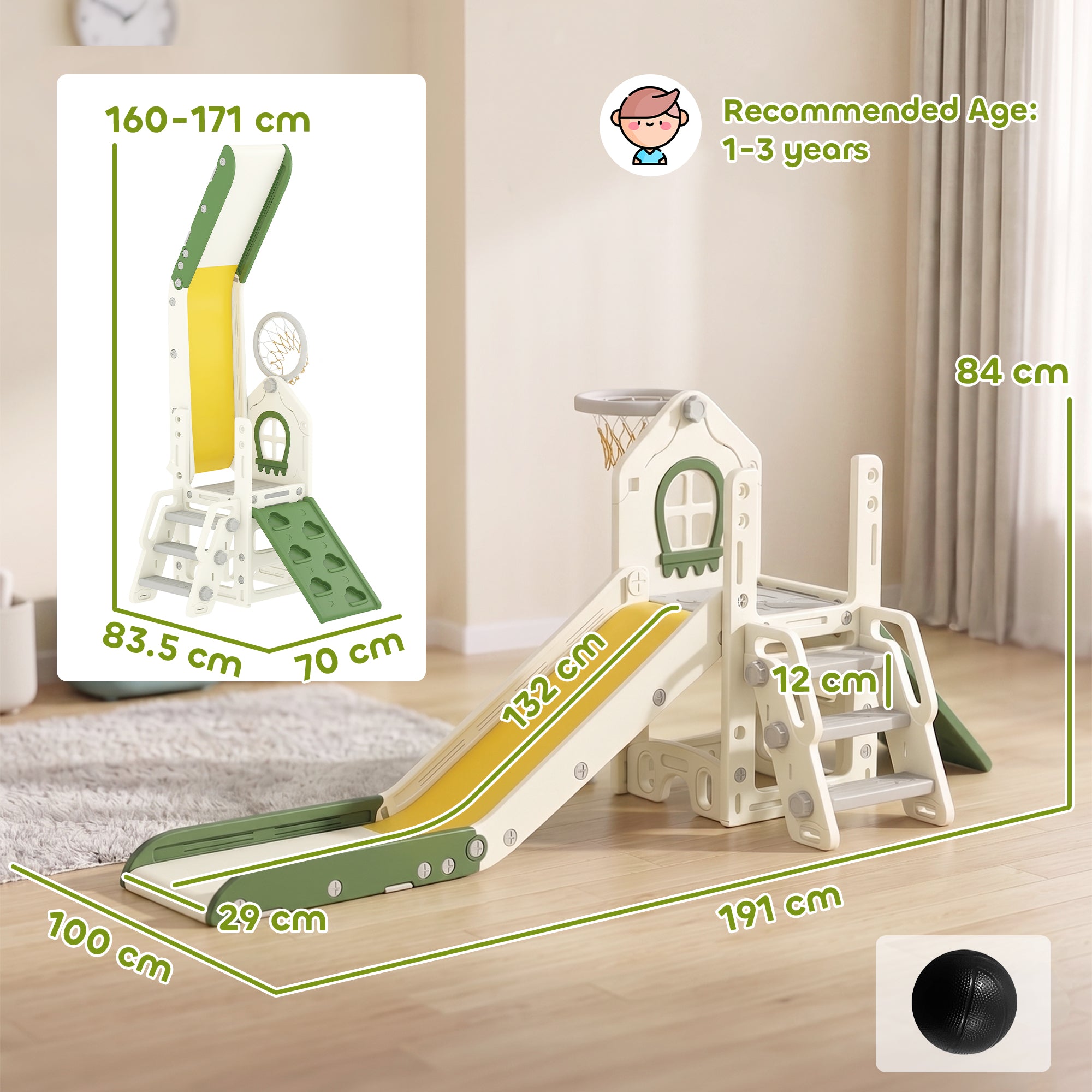 AIYAPLAY Foldable 5 in 1 Toddler Slide with Ladder, Climbing Wall, Basketball Hoop, Storage and Basketball for 1-3 Years, Cream
