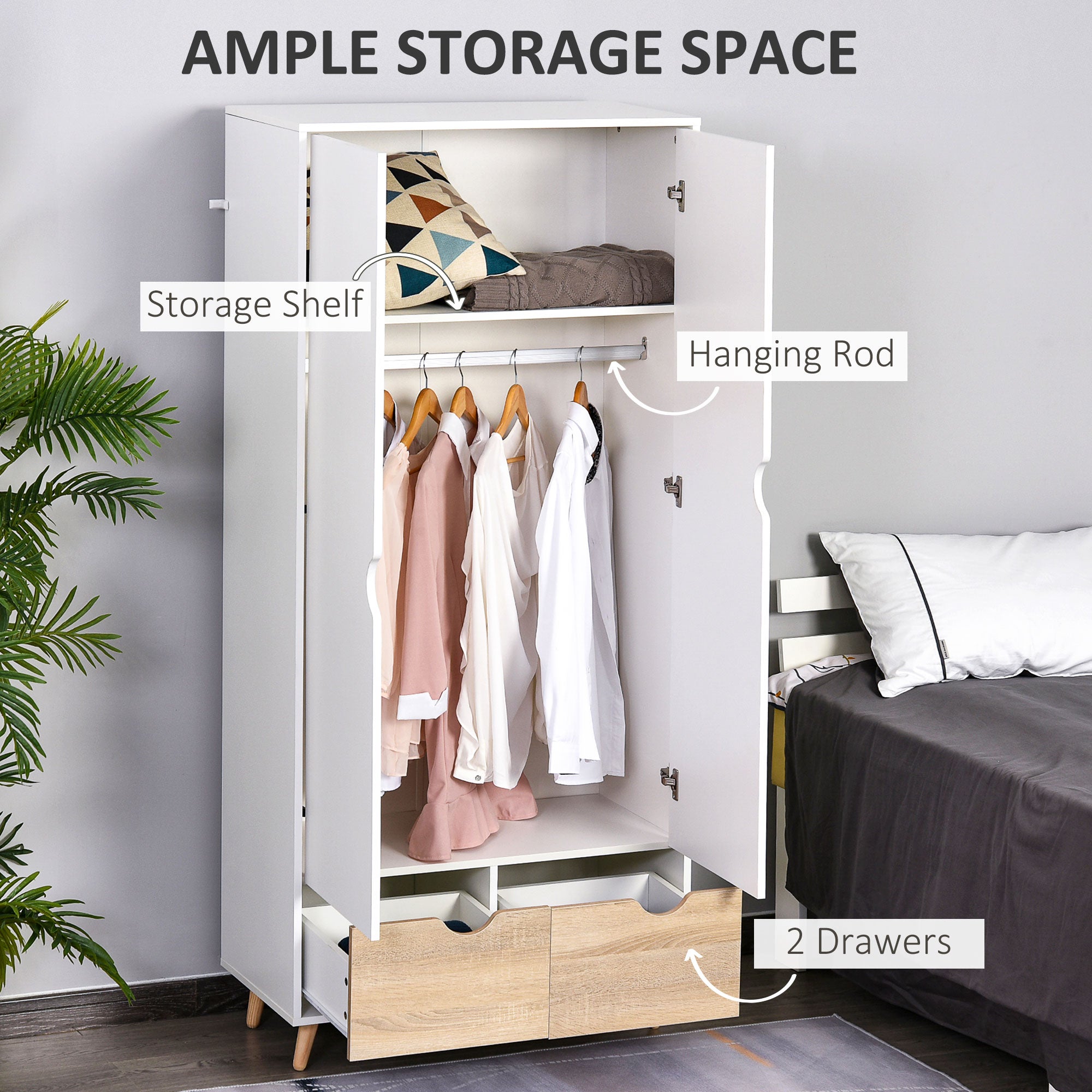 HOMCOM 2-Door Clothes Wardrobe w/ Rail Shelf 2 Drawers Wood Feet Elegant Home Storage Organisation Furniture Dresses Coats Blankets Shoes White - North Peak Garden Furniture