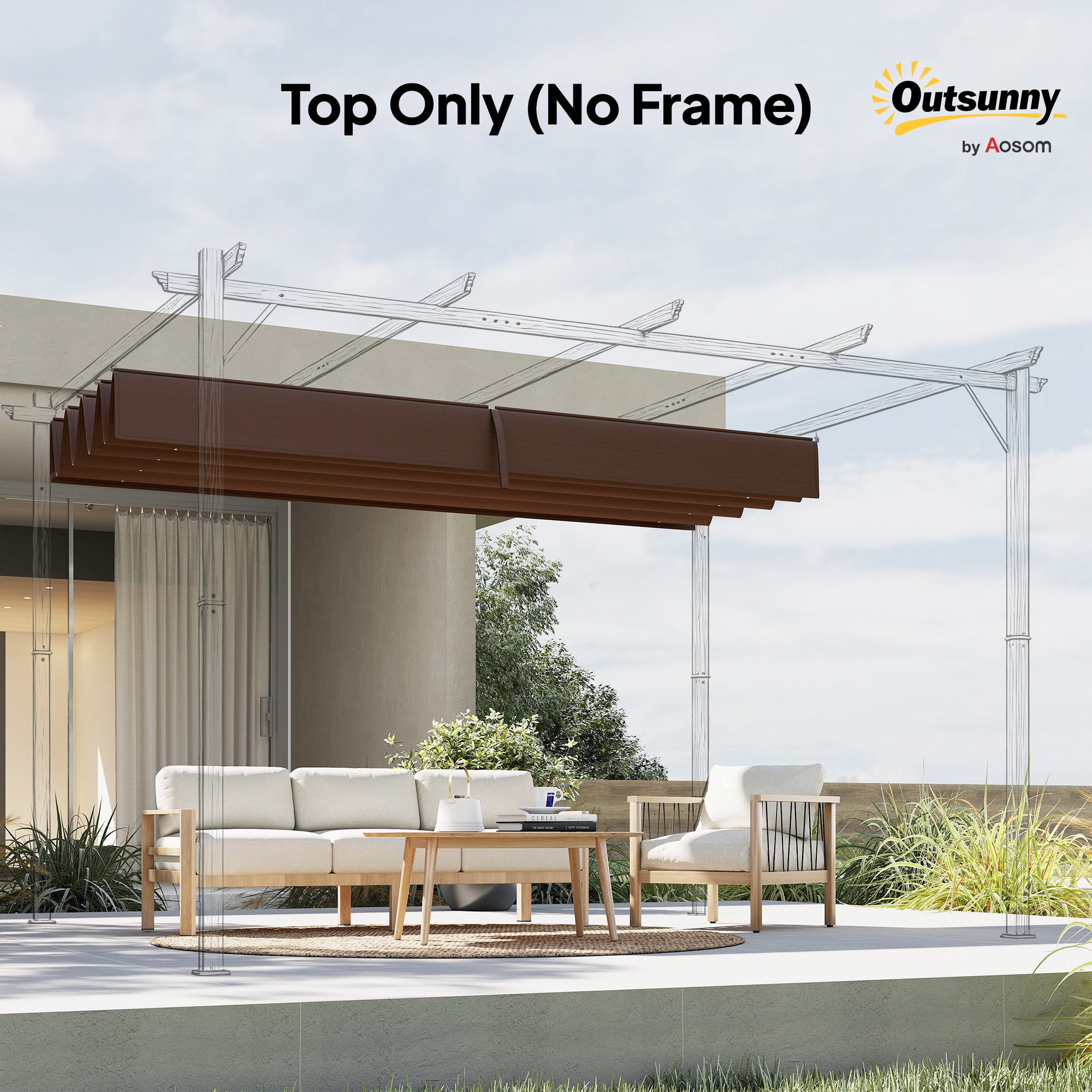 Outsunny Pergola Roof, Retractable Sun Shade Cover for 2.85 x 2m Pergola, UV30+ Protected, Coffee