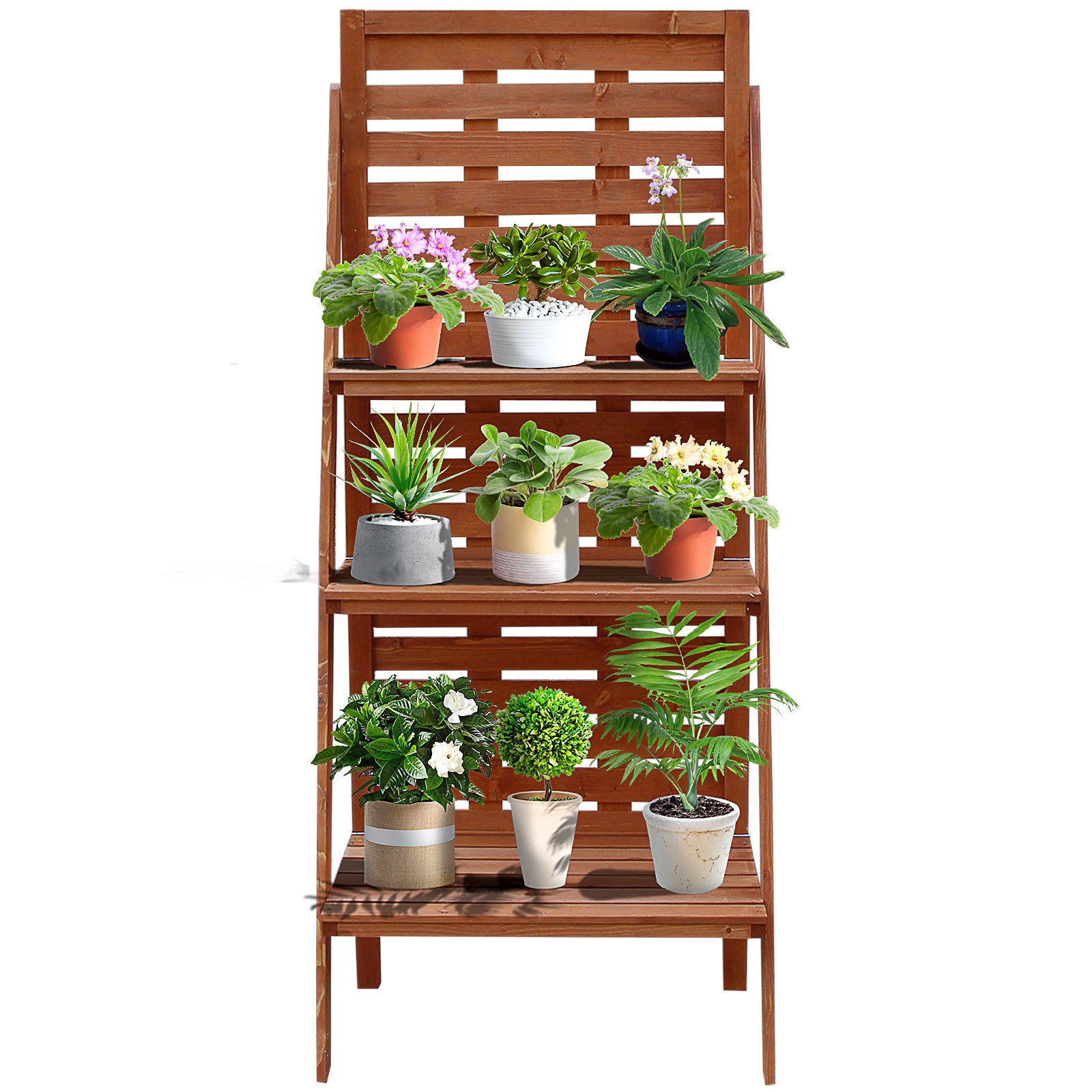 Outsunny Solid Wood Three-Tier Plant Rack Outdoor Organiser Unit Flower Herb Stand Ladder Design Storage Holder