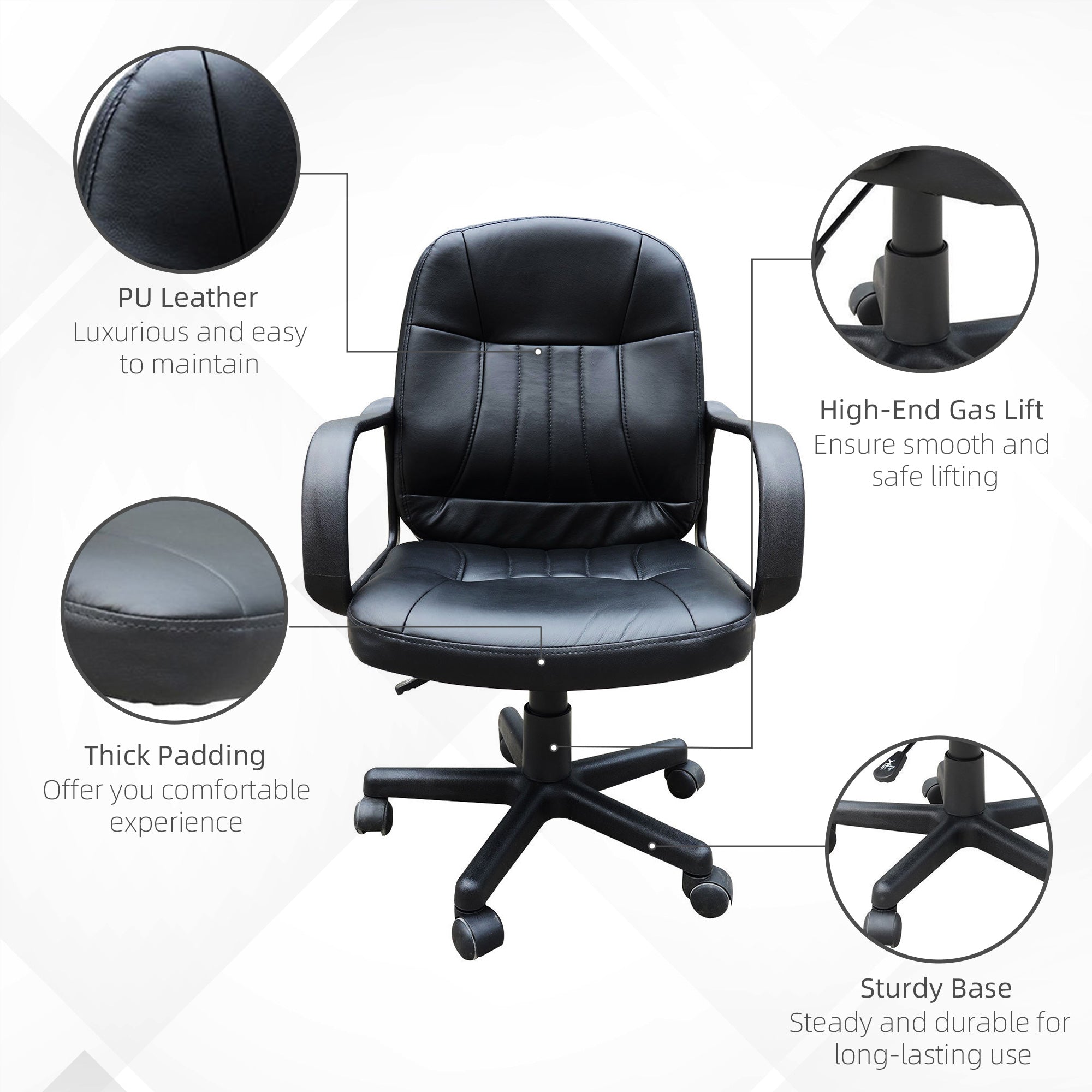 HOMCOM Swivel Executive Office Chair PU Leather Computer Desk Chair Office Furniture Gaming Seater - Black - North Peak Garden Furniture