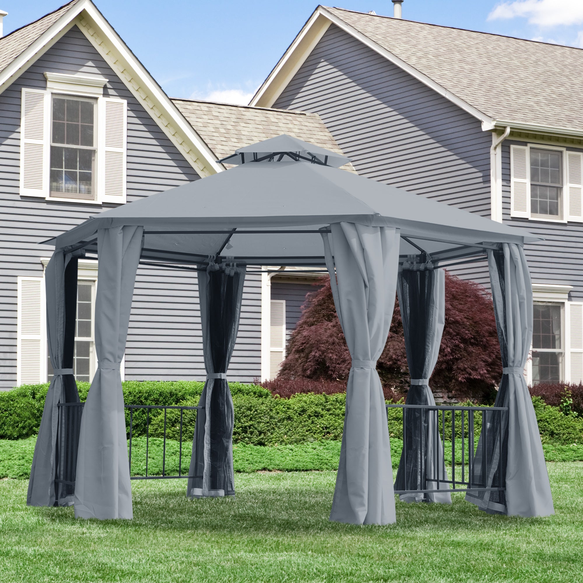 Outsunny 3 x 3(m) Hexagon Gazebo Patio Canopy Party Tent Outdoor Garden Shelter w/ 2 Tier Roof & Side Panel - Grey