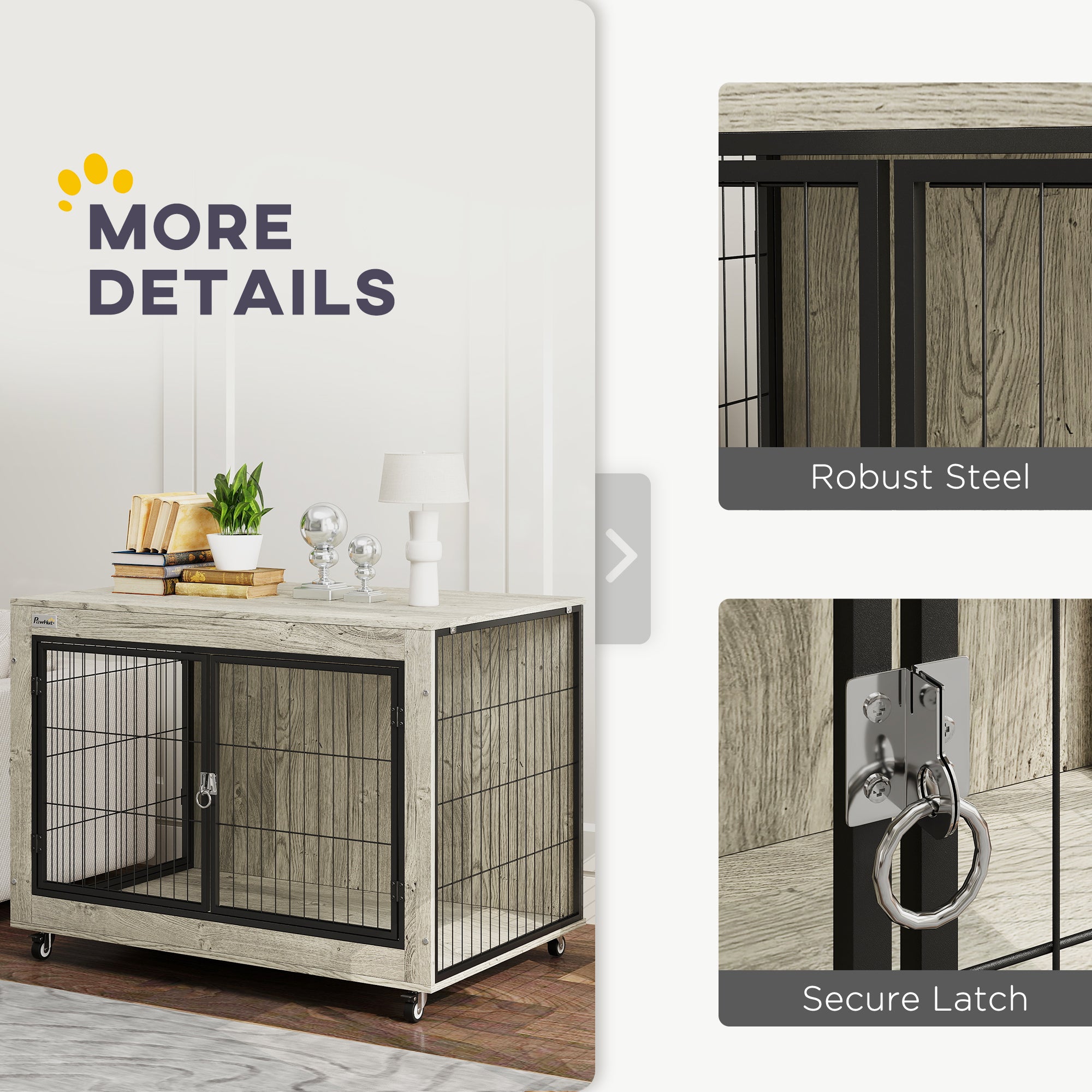 PawHut Dog Crate Furniture with Wheels, Double Doors, for Large Dogs, 100 x 60 x 73.5cm, Grey