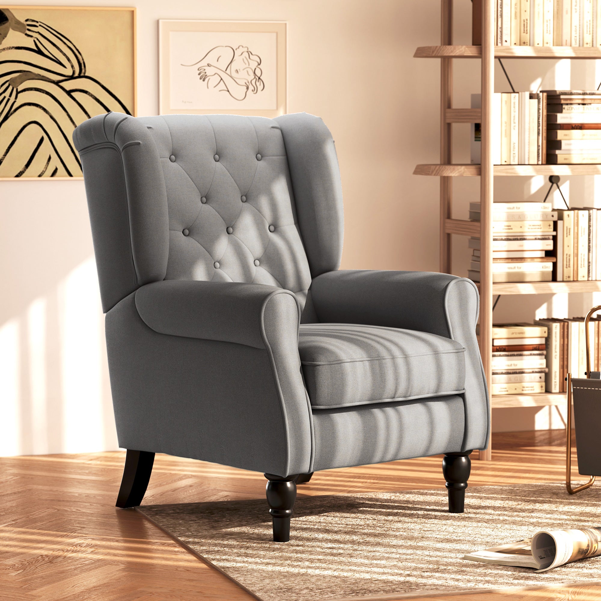 HOMCOM Retro Accent Chair, Wingback Armchair with Wood Frame Button Tufted Design for Living Room Bedroom, Dark Grey - North Peak Garden Furniture