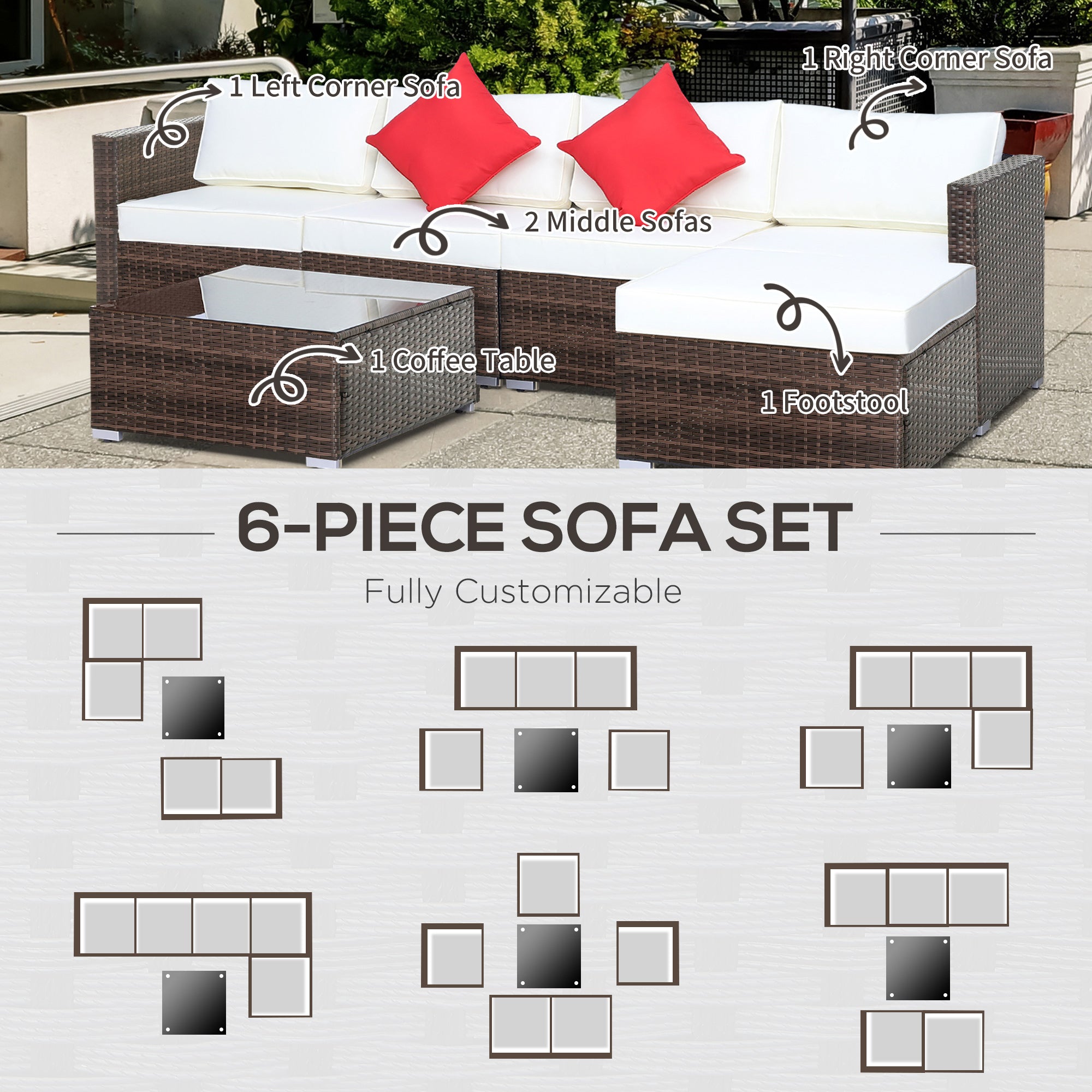 Outsunny 6 Pieces Outdoor Rattan Corner Sofa Set, Patio Aluminium Frame with All-weather Wicker Conversation Furniture w/ Coffee Table & Cushions, Cream White - North Peak Garden Furniture