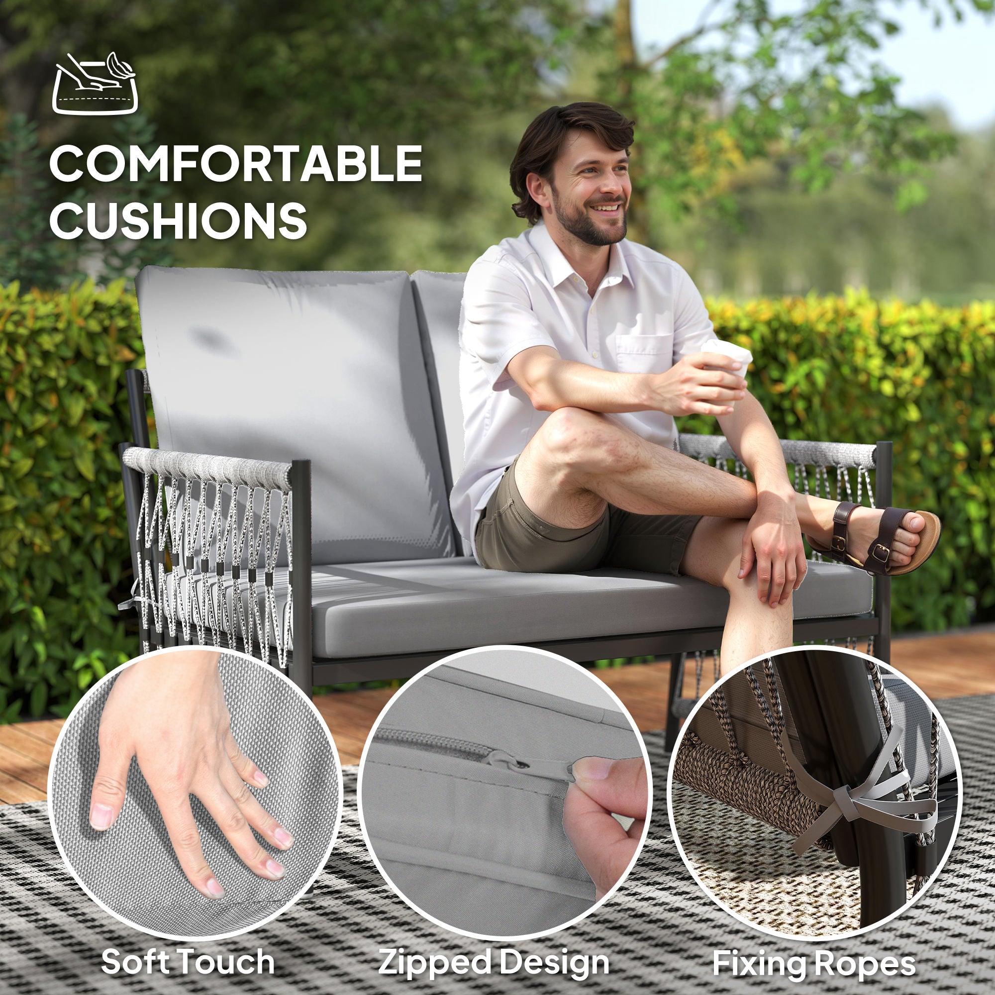 Outsunny 4 Piece Rattan Garden Furniture Set, 4 Seater Wicker Patio Conversation Set with 2 Armchairs, Loveseat, Glass Top Coffee Table and Cushions for Outdoor, Balcony, Grey - North Peak Garden Furniture