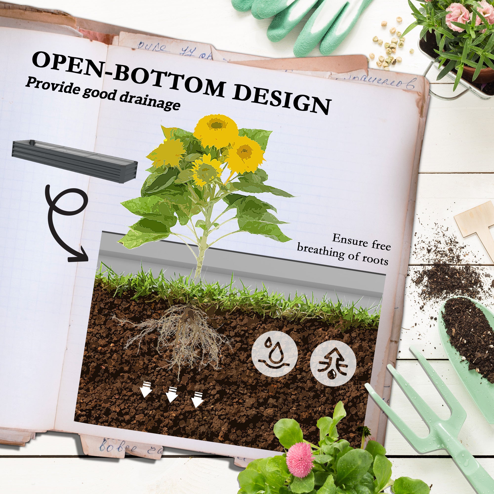 Outsunny 60 x 240cm Galvanised Steel Planter, with Open Bottom, Pack of 2 - North Peak Garden Furniture
