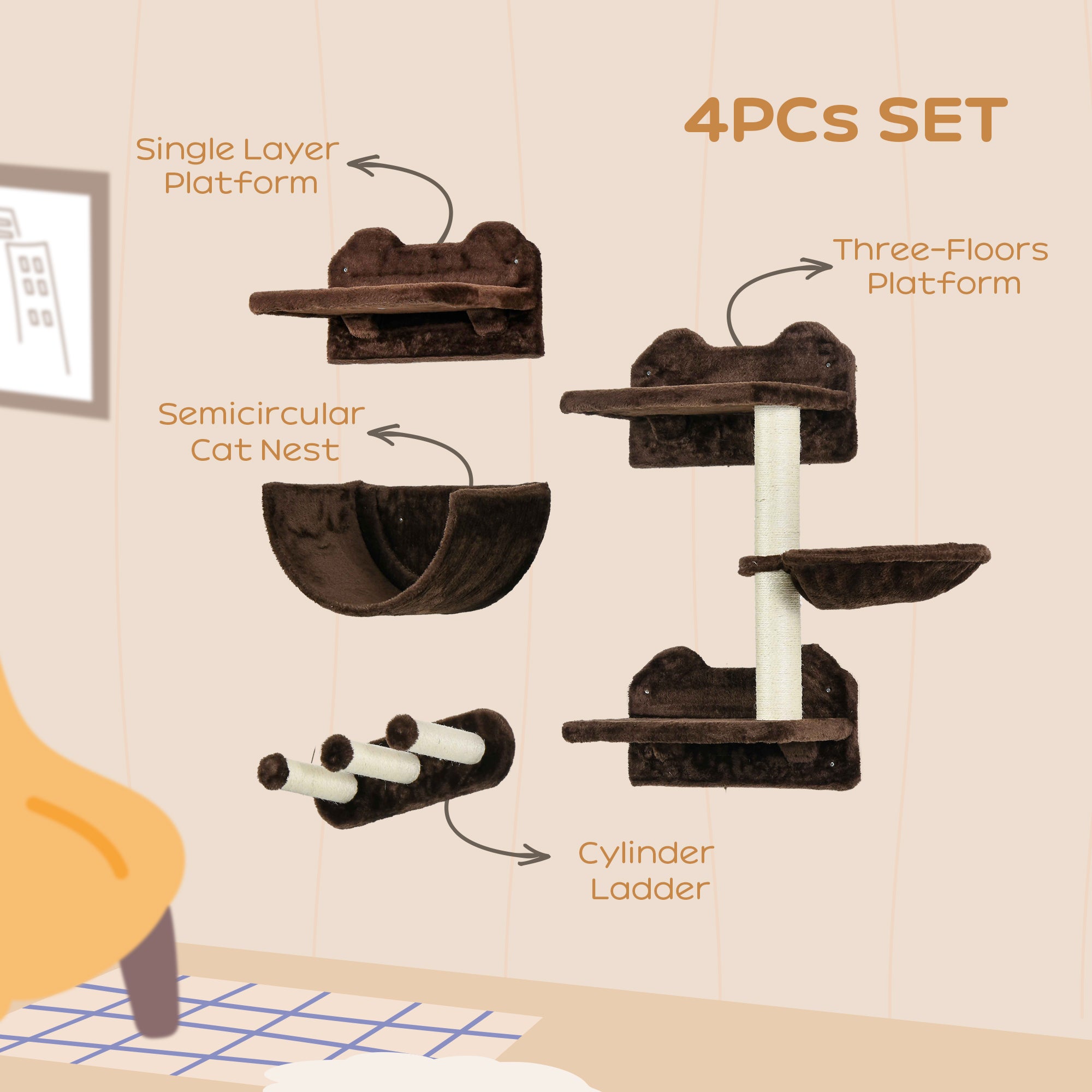 PawHut 4PCs Wall-Mounted Cat Shelves w/ Scratching Post, Hammock, Nest - Brown - North Peak Garden Furniture