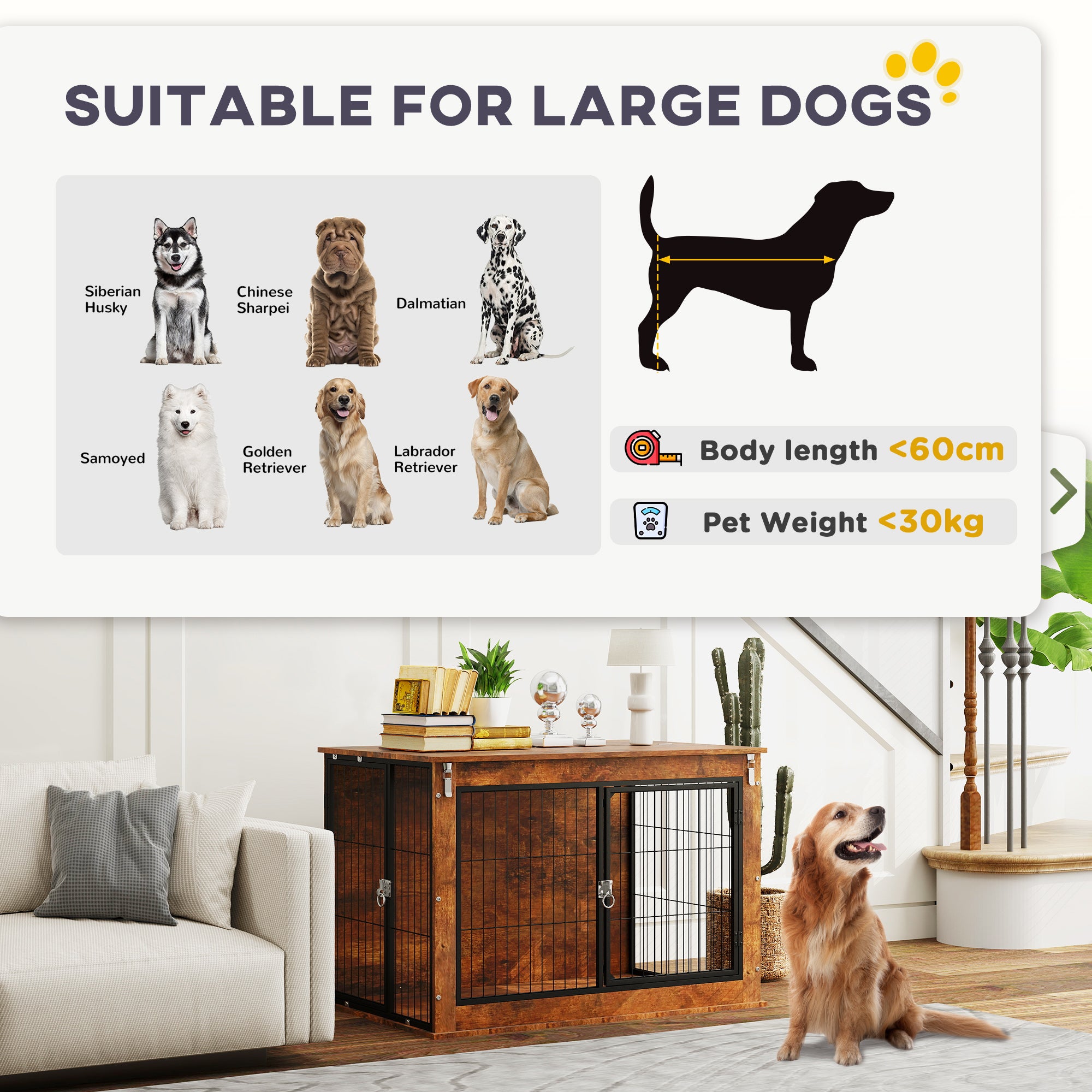 PawHut Dog Crate Furniture with Flip-up Top, 2 Doors, for Large Dogs, 98 x 60 x 65.5cm, Rustic Brown - North Peak Garden Furniture